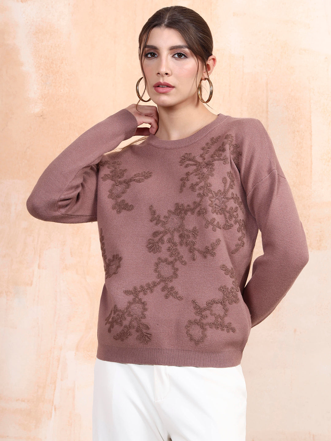 Thirty Threads Winter Wear Onion Pink Embroidered Regular Long Sleeves Pullover Sweater
