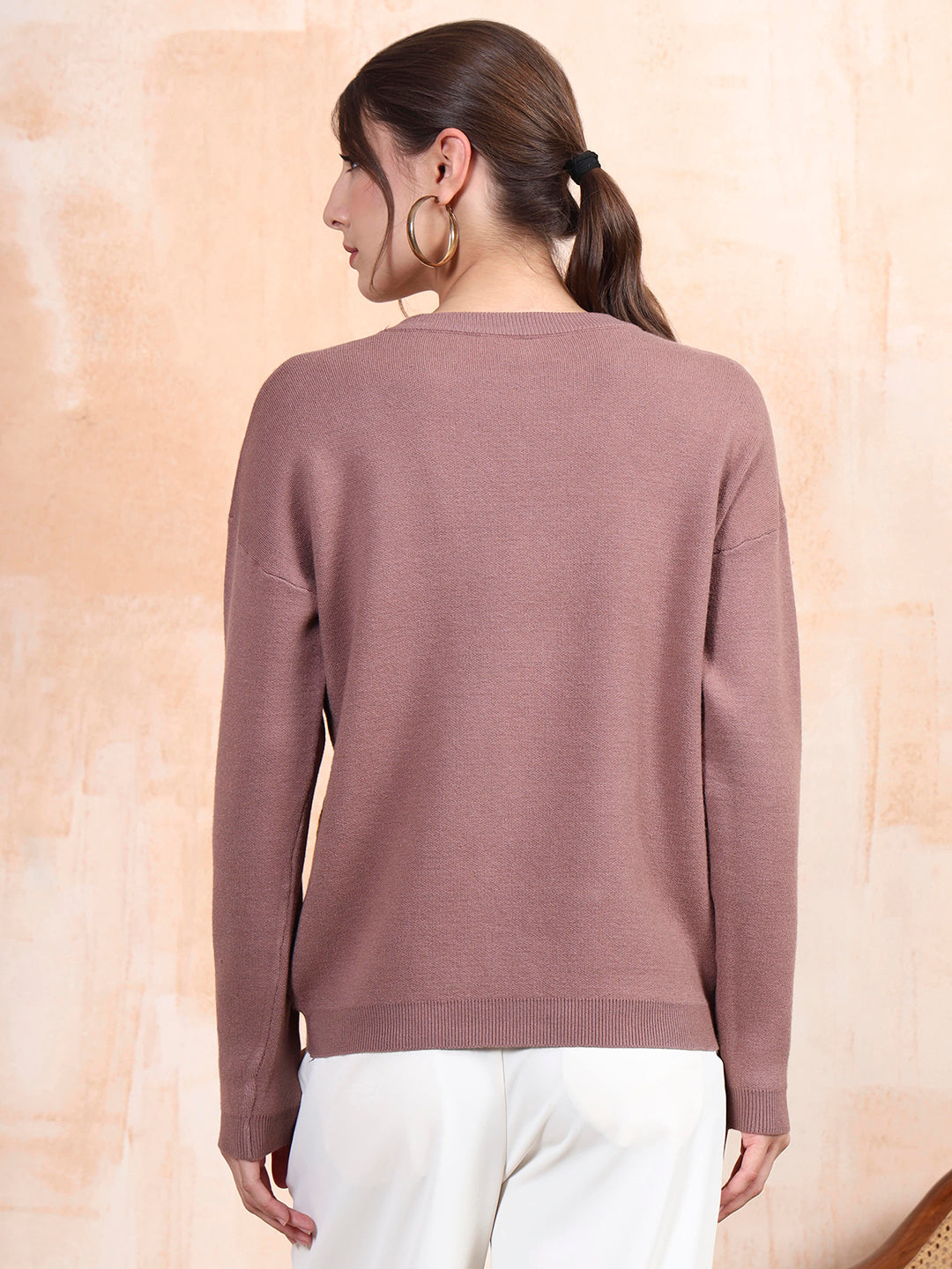 Thirty Threads Winter Wear Onion Pink Embroidered Regular Long Sleeves Pullover Sweater
