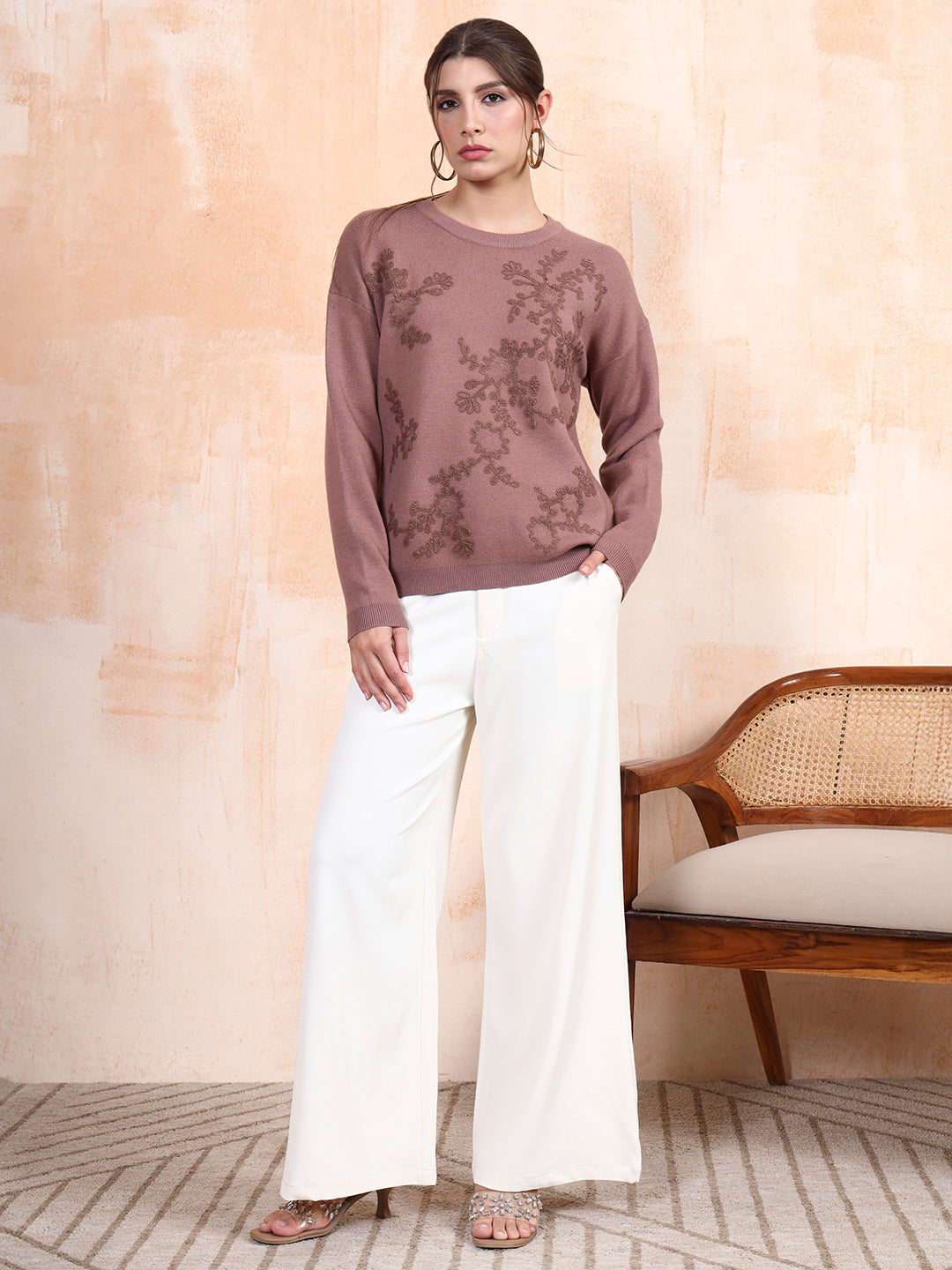 Thirty Threads Winter Wear Onion Pink Embroidered Regular Long Sleeves Pullover Sweater