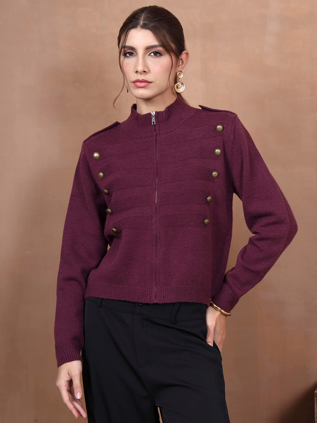 Thirty Threads Winter Wear Burgundy Solid Regular Long Sleeves Cardigans
