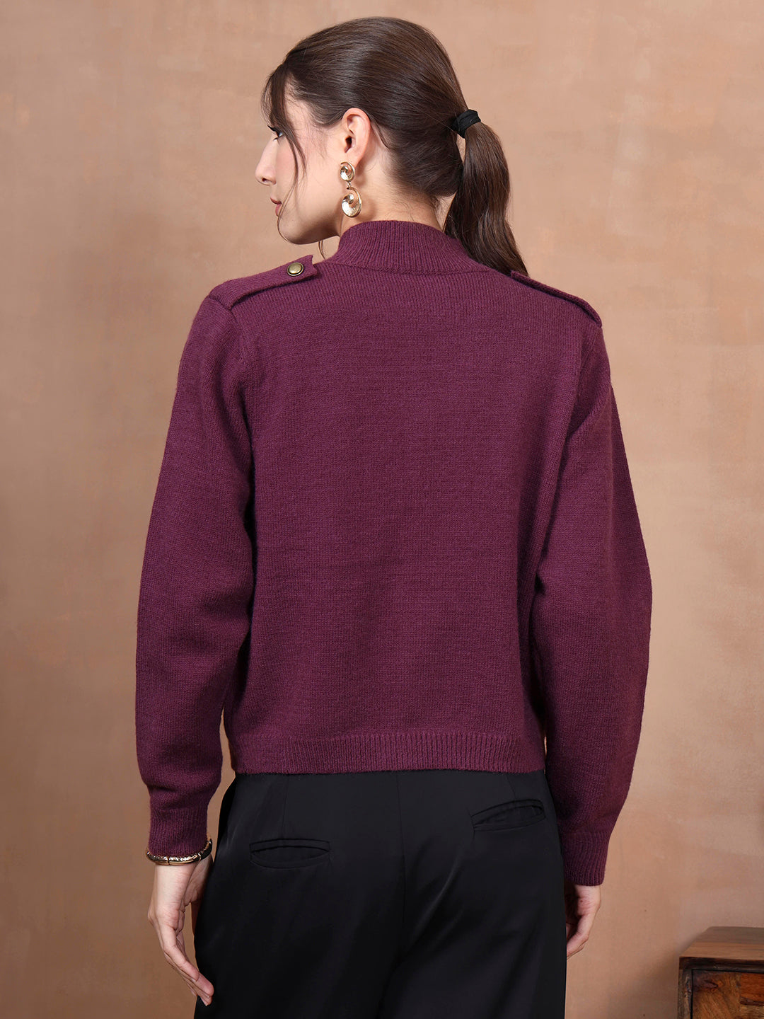 Thirty Threads Winter Wear Burgundy Solid Regular Long Sleeves Cardigans