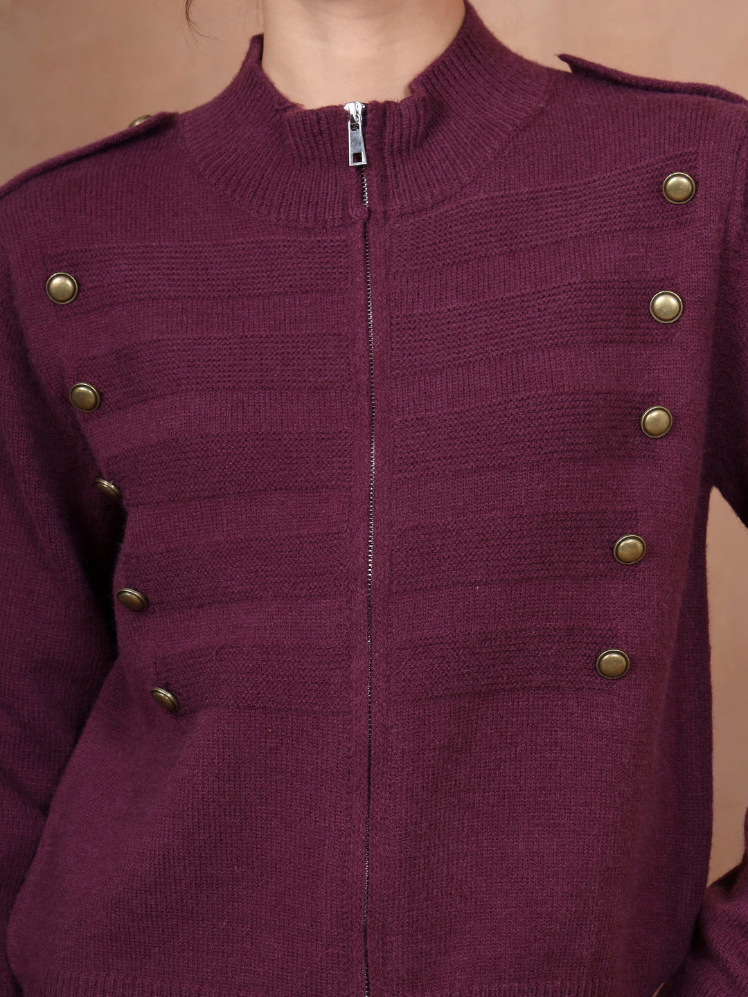 Thirty Threads Winter Wear Burgundy Solid Regular Long Sleeves Cardigans