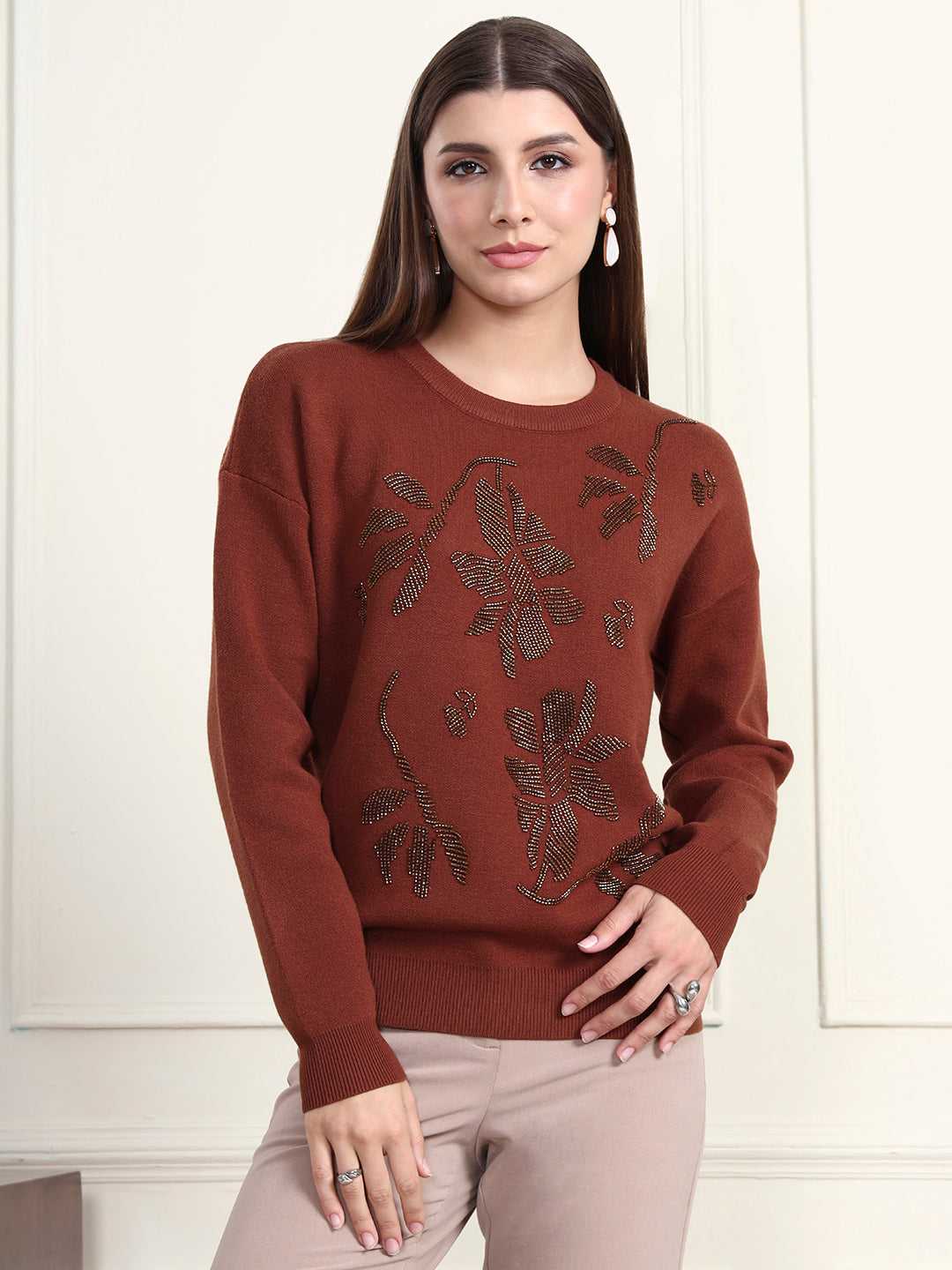 Thirty Threads Winter Wear Brown Embellished Regular Long Sleeves Pullover Sweater