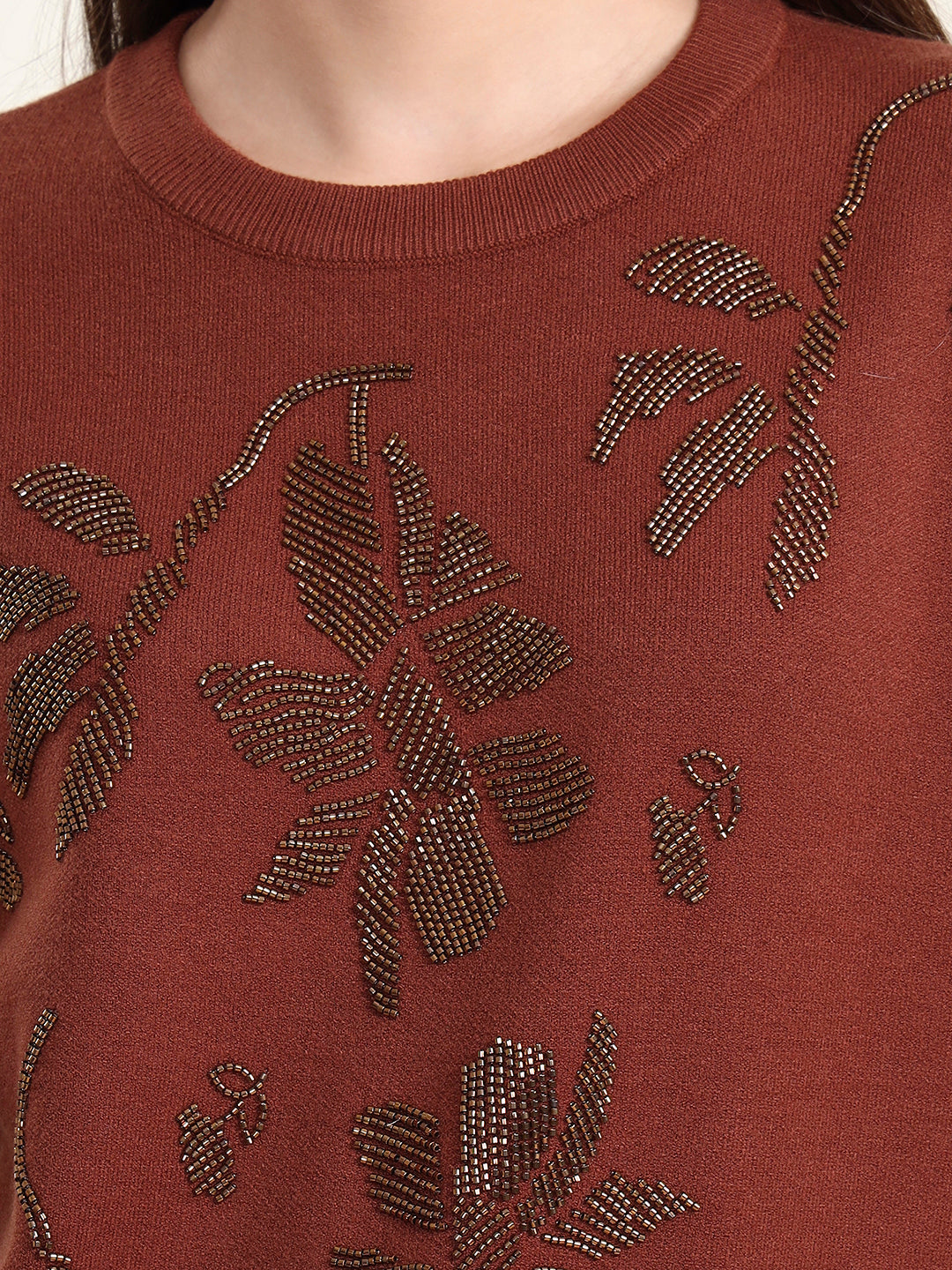 Thirty Threads Winter Wear Brown Embellished Regular Long Sleeves Pullover Sweater
