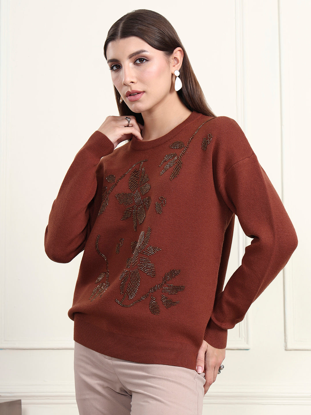 Thirty Threads Winter Wear Brown Embellished Regular Long Sleeves Pullover Sweater