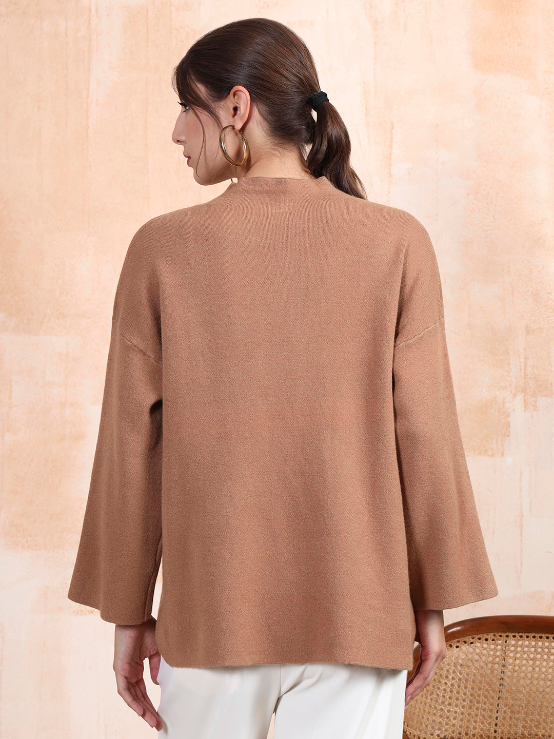 Thirty Threads Winter Wear Tan Embroidered Regular Long Sleeves Pullover Sweater