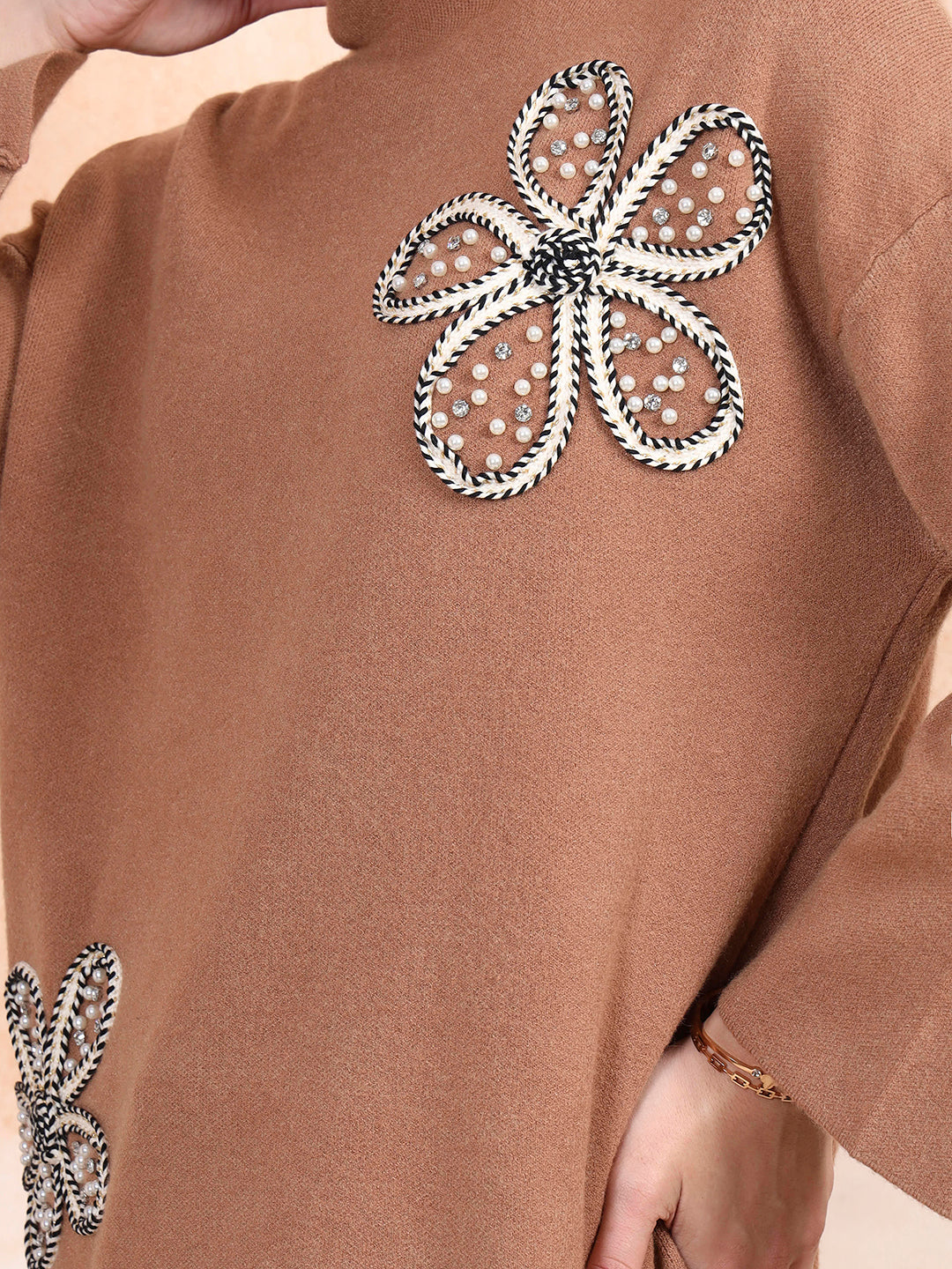 Thirty Threads Winter Wear Tan Embroidered Regular Long Sleeves Pullover Sweater