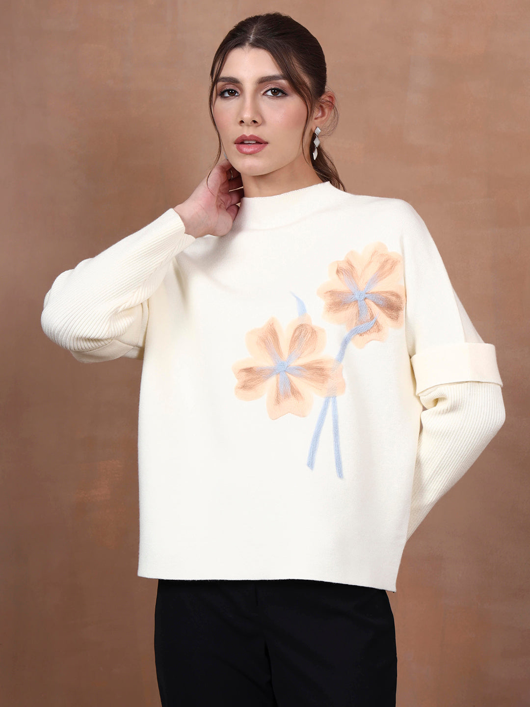 Thirty Threads Winter Wear Off White Embroidered Regular Long Sleeves Pullover Sweater