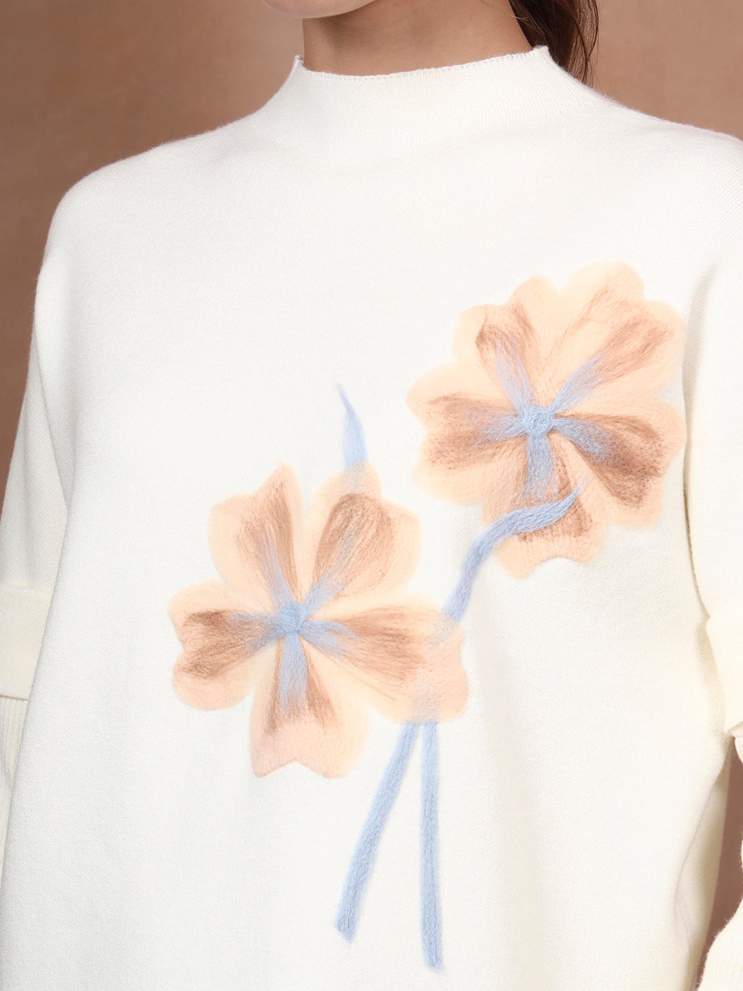Thirty Threads Winter Wear Off White Embroidered Regular Long Sleeves Pullover Sweater