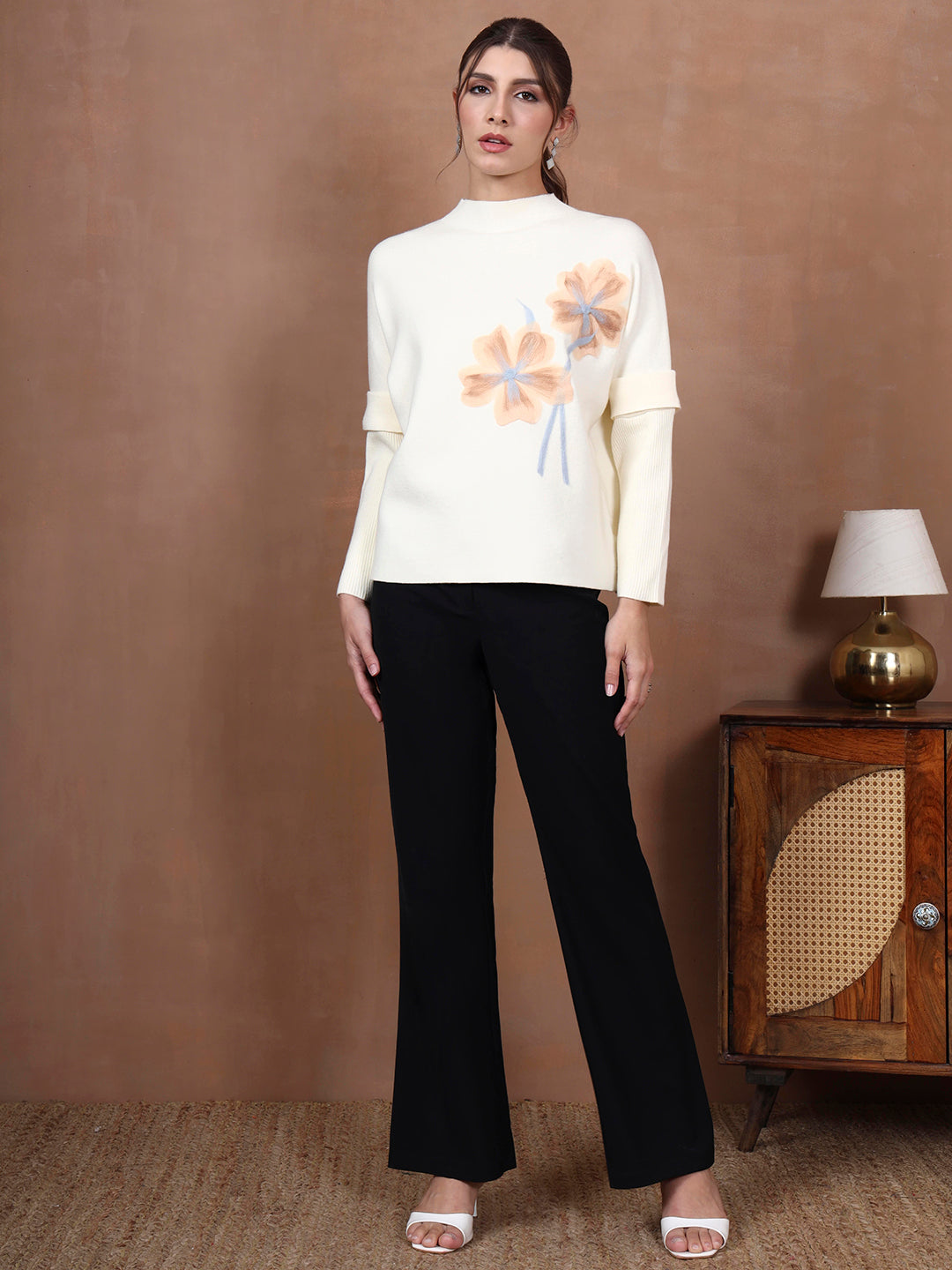 Thirty Threads Winter Wear Off White Embroidered Regular Long Sleeves Pullover Sweater