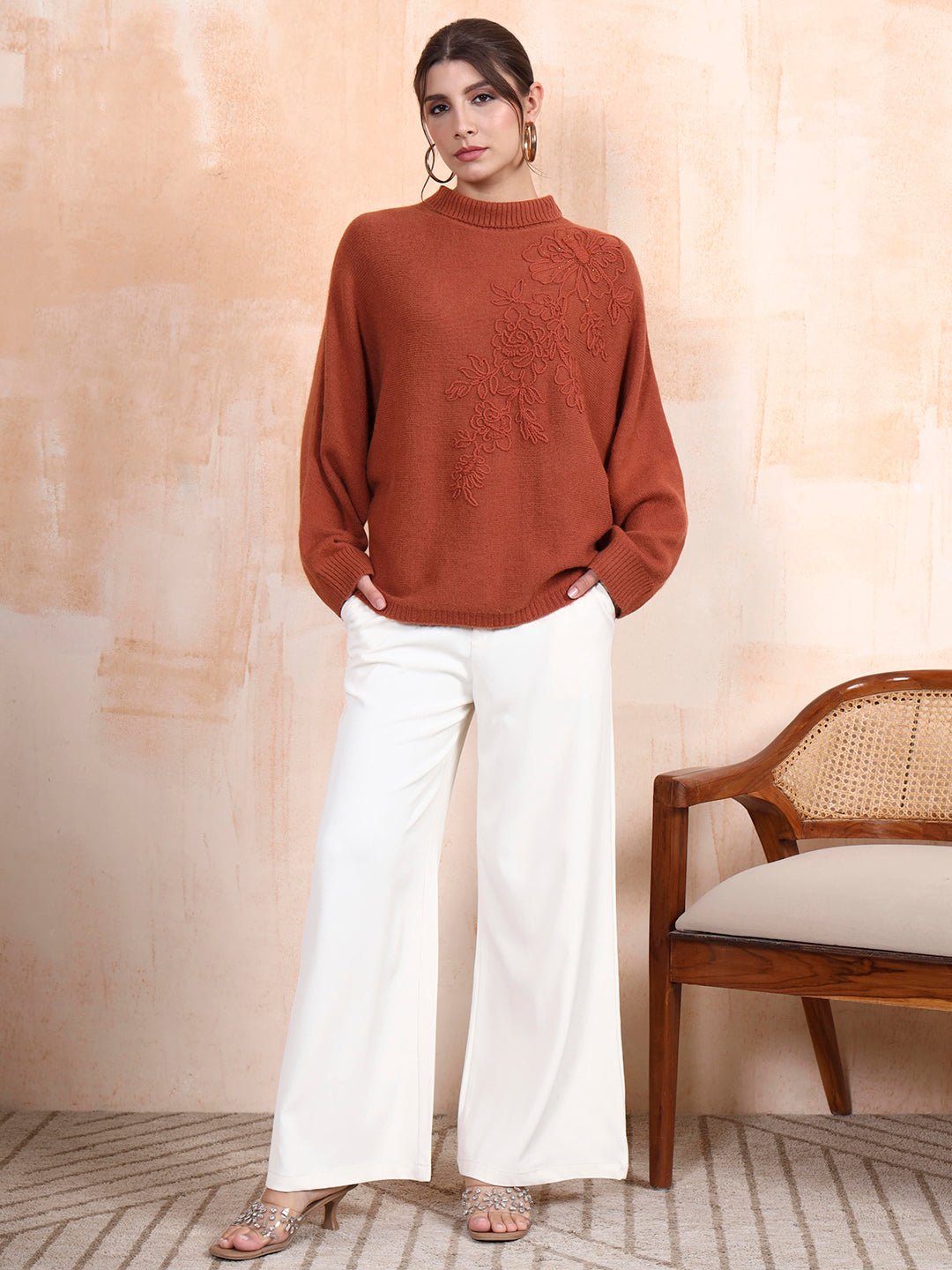Thirty Threads Winter Wear Rust Embroidered Regular Long Sleeves Pullover Sweater