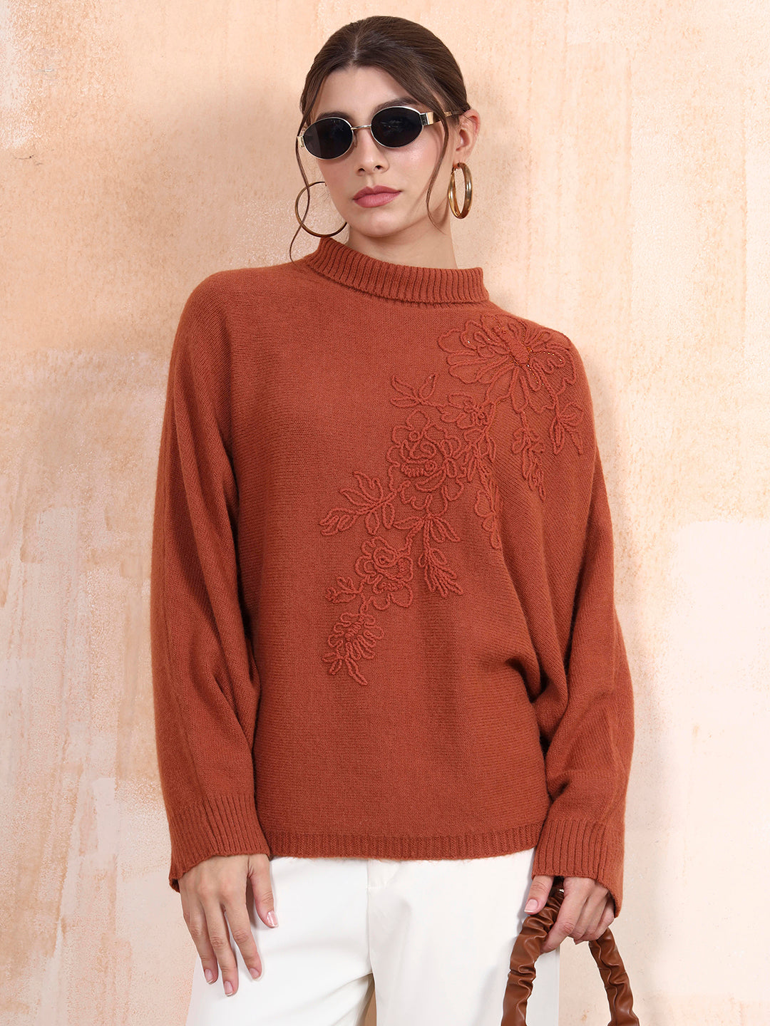 Thirty Threads Winter Wear Rust Embroidered Regular Long Sleeves Pullover Sweater