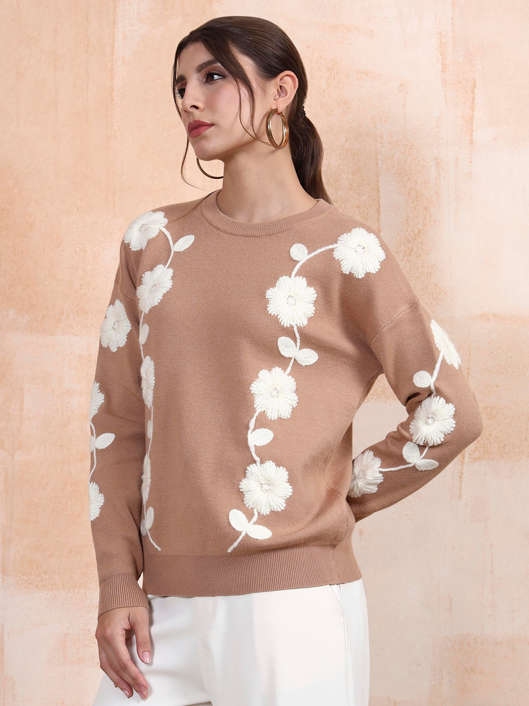 Thirty Threads Winter Wear Tan Embroidered Regular Long Sleeves Pullover Sweater