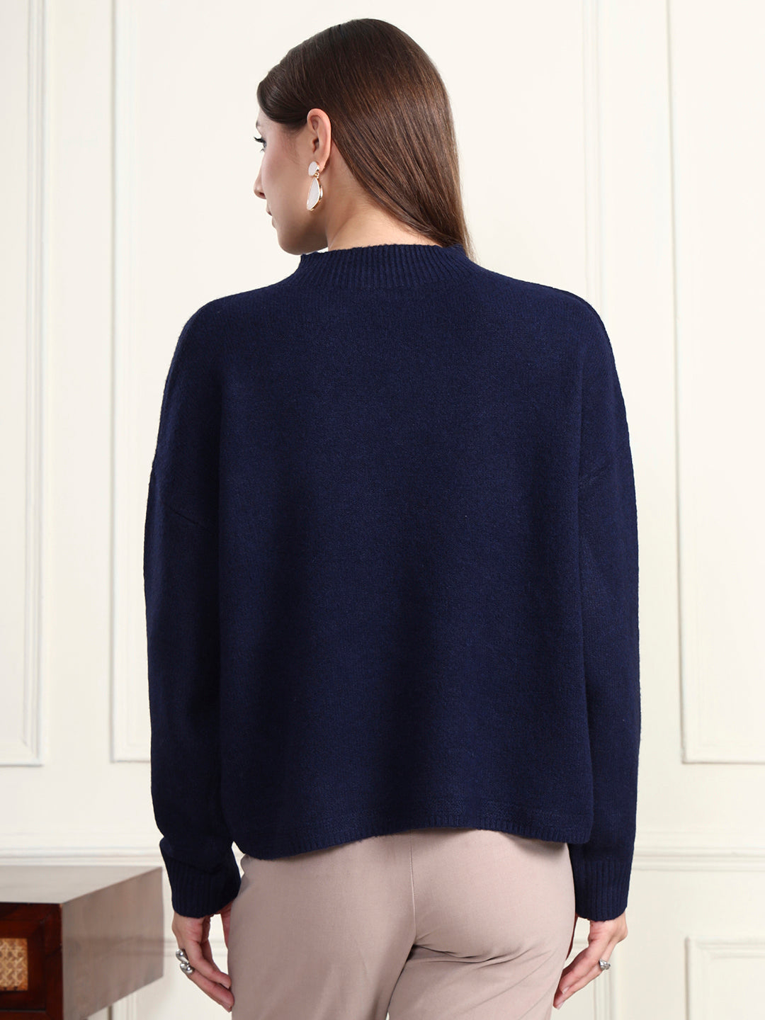 Thirty Threads Winter Wear Blue Embroidered Regular Long Sleeves Pullover Sweater