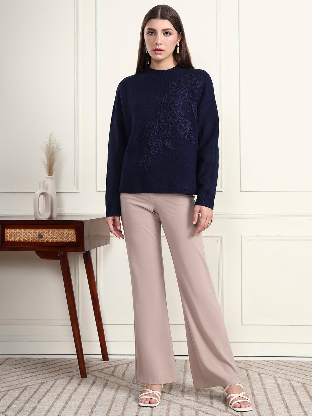 Thirty Threads Winter Wear Blue Embroidered Regular Long Sleeves Pullover Sweater