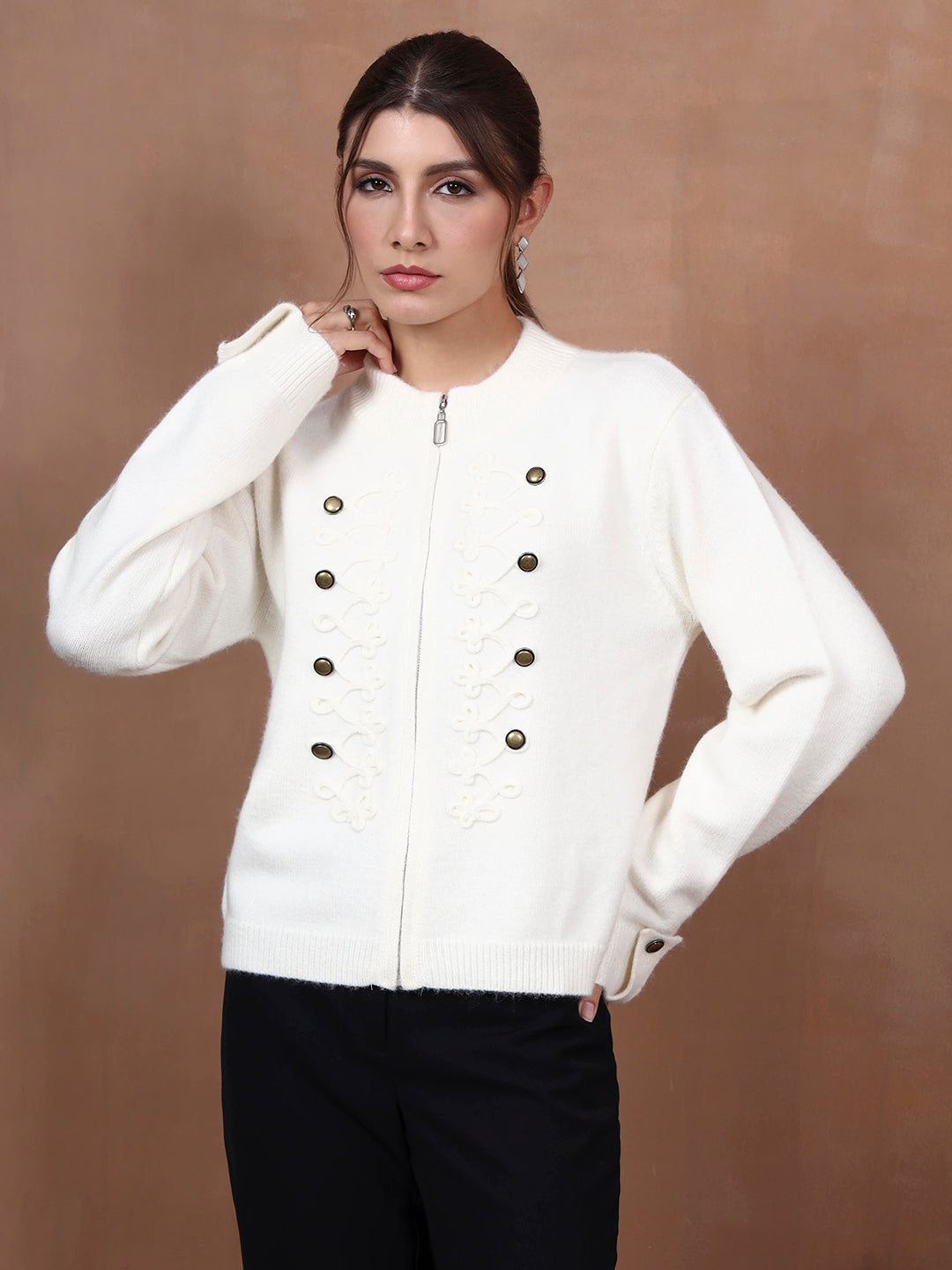 Thirty Threads Winter Wear White Embroidered Regular Long Sleeves Cardigans