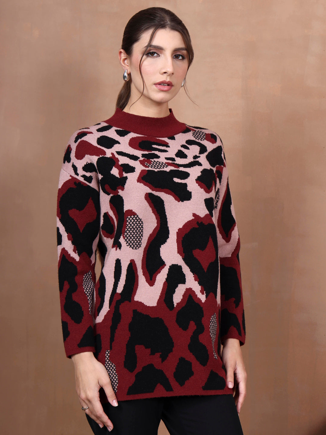 Thirty Threads Winter Wear Maroon Animal Print Regular Long Sleeves Pullover Sweater