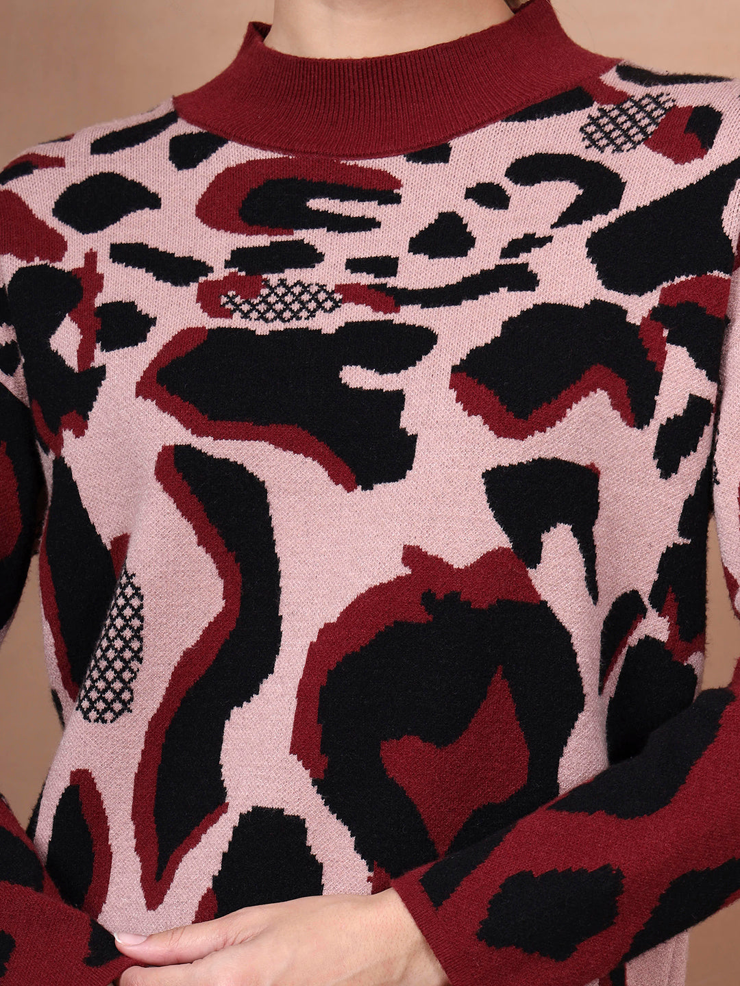 Thirty Threads Winter Wear Maroon Animal Print Regular Long Sleeves Pullover Sweater