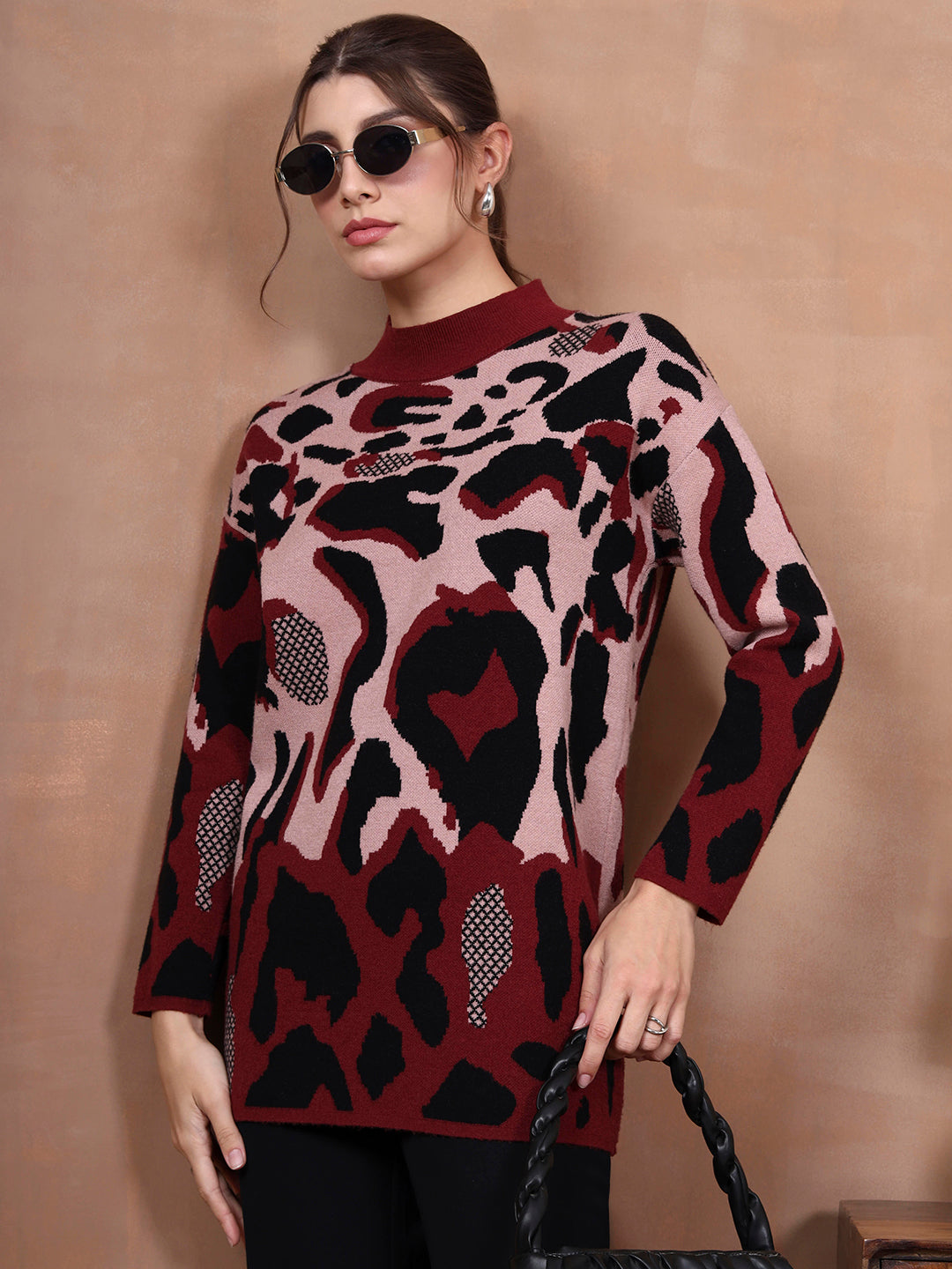 Thirty Threads Winter Wear Maroon Animal Print Regular Long Sleeves Pullover Sweater