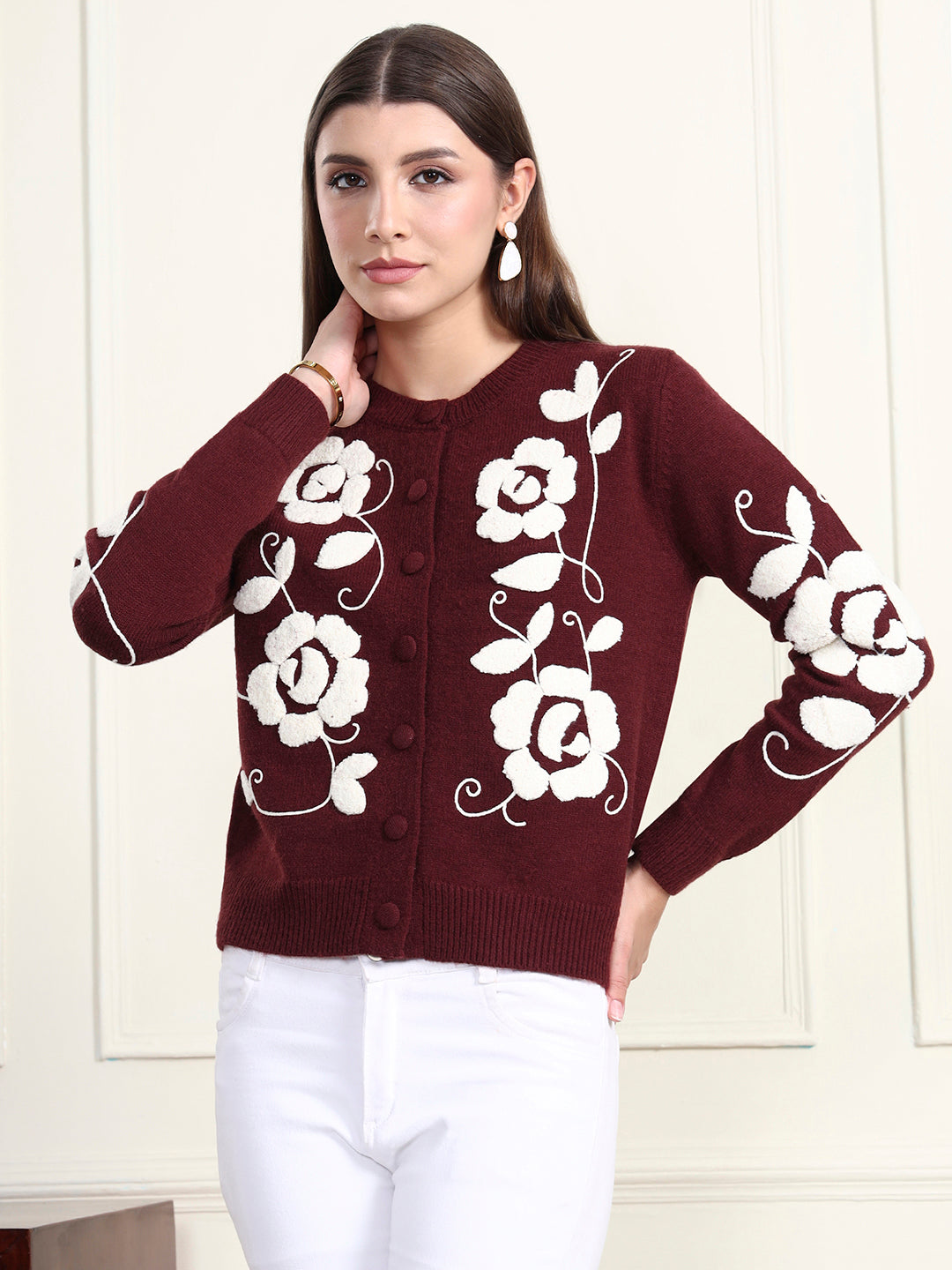 Thirty Threads Winter Wear Maroon Embroidered Regular Long Sleeves Cardigans