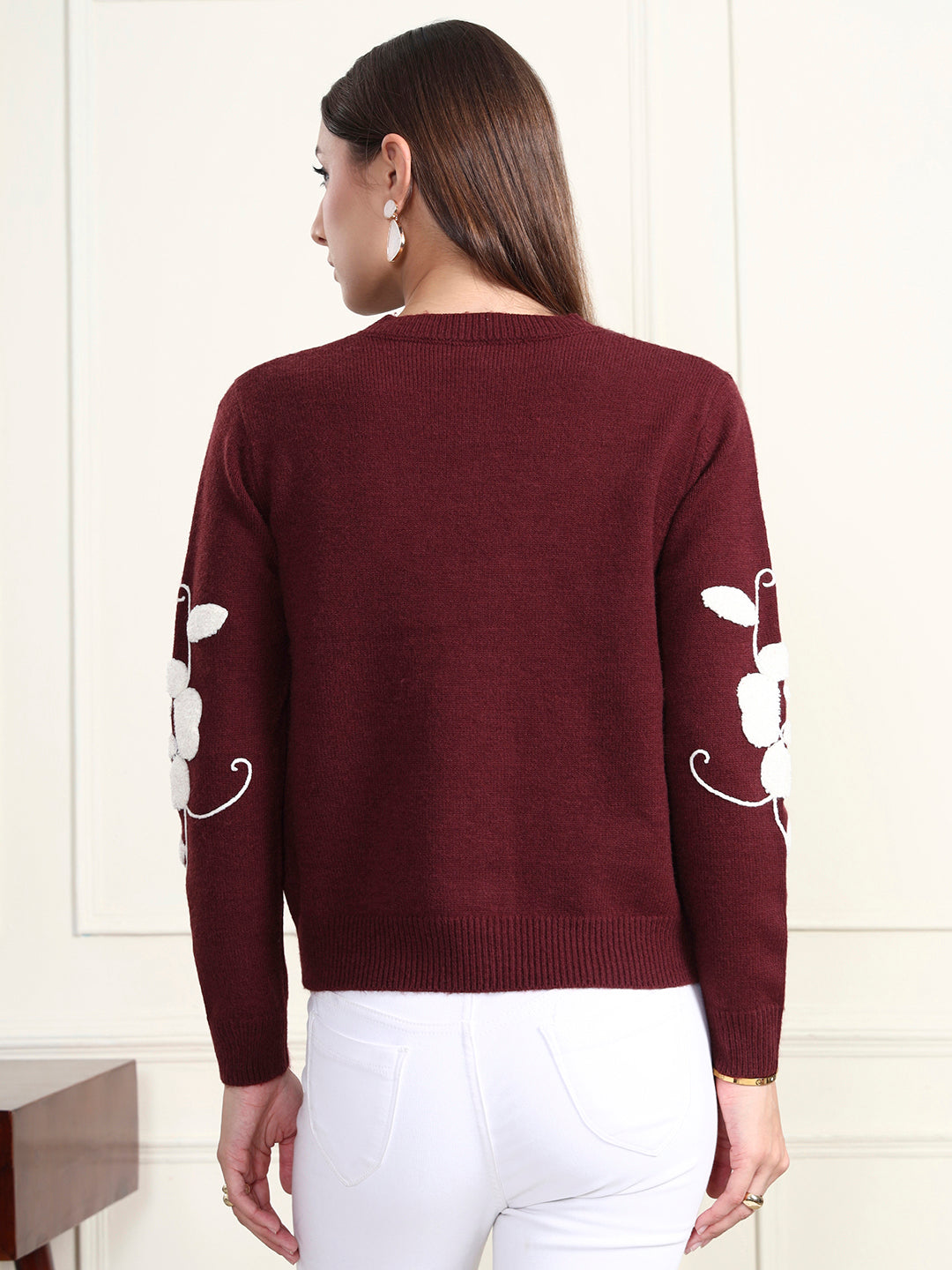Thirty Threads Winter Wear Maroon Embroidered Regular Long Sleeves Cardigans