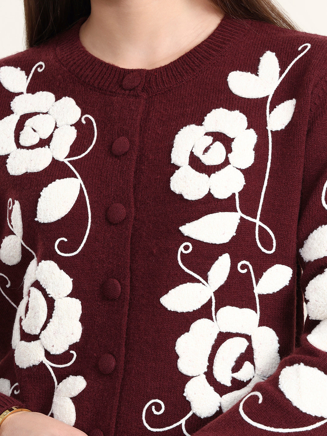 Thirty Threads Winter Wear Maroon Embroidered Regular Long Sleeves Cardigans
