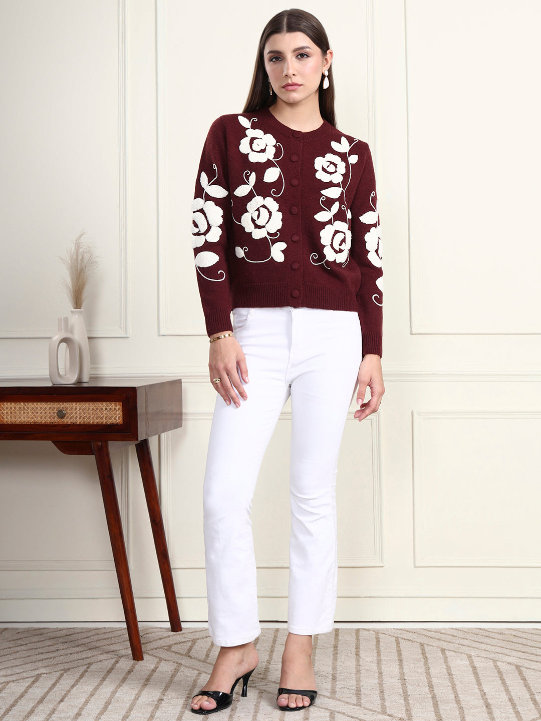Thirty Threads Winter Wear Maroon Embroidered Regular Long Sleeves Cardigans