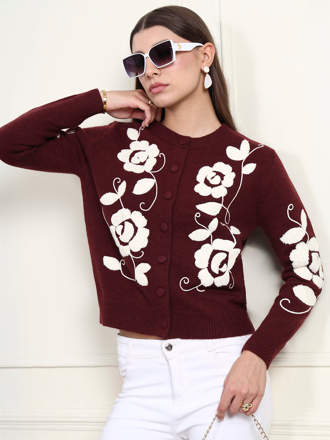 Thirty Threads Winter Wear Maroon Embroidered Regular Long Sleeves Cardigans
