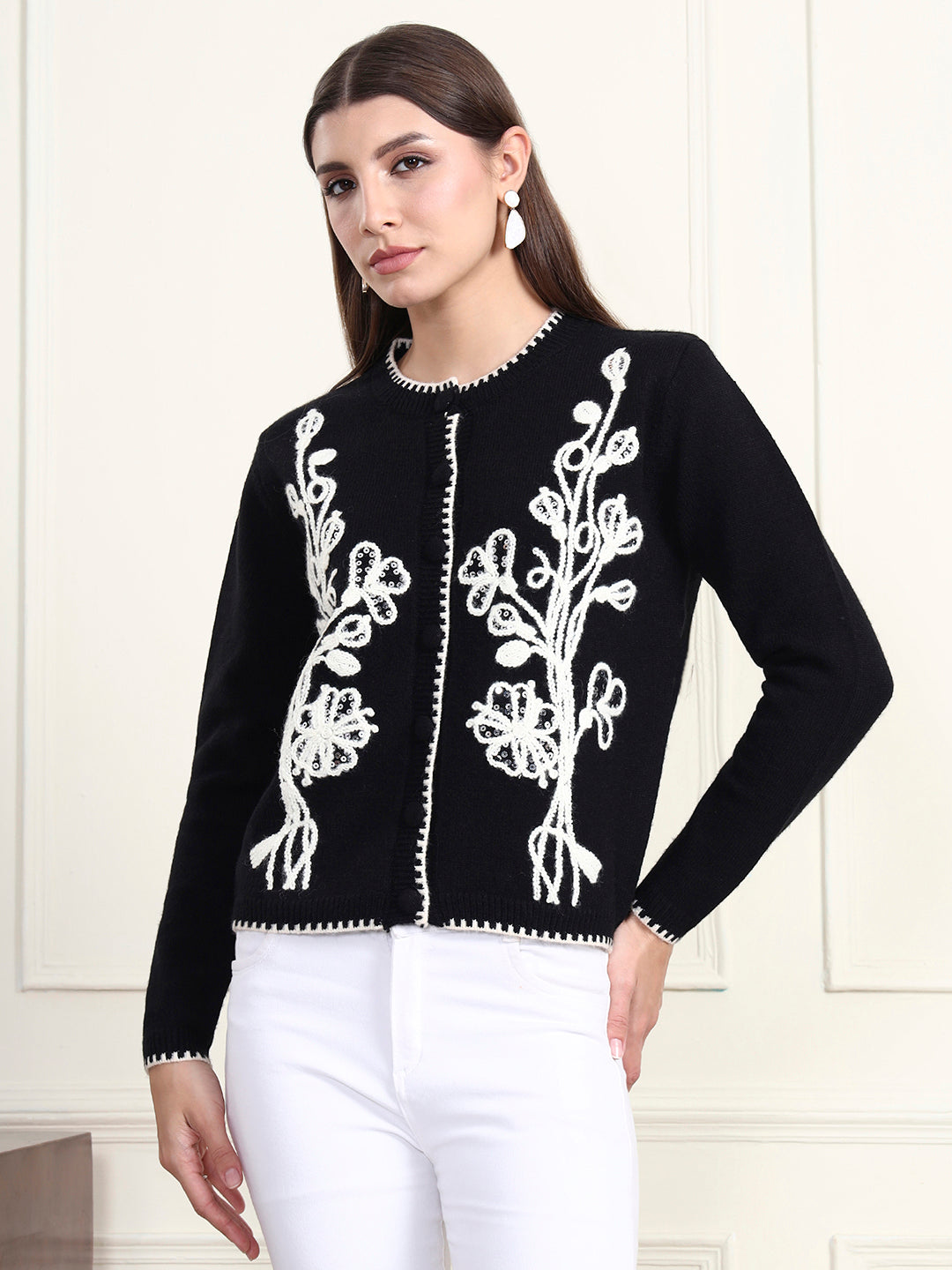Thirty Threads Winter Wear Black Embroidered Regular Long Sleeves Cardigans