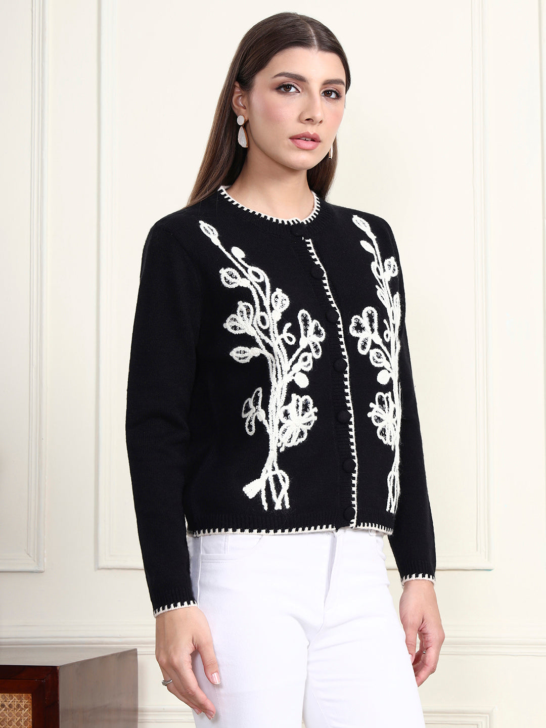 Thirty Threads Winter Wear Black Embroidered Regular Long Sleeves Cardigans