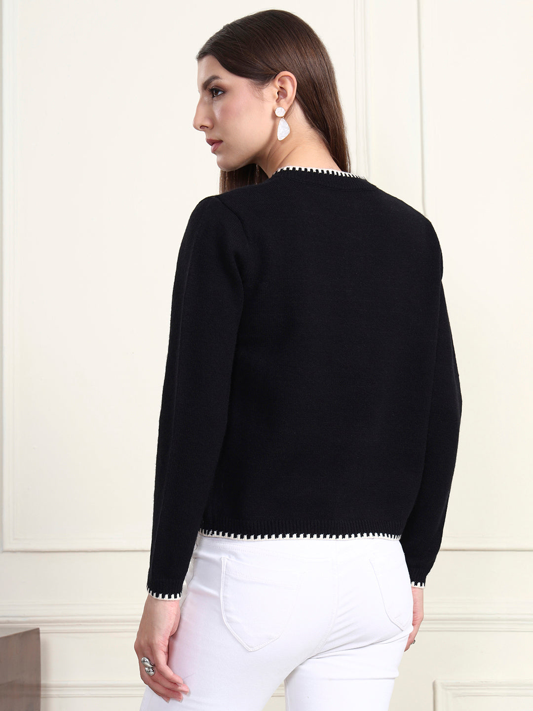 Thirty Threads Winter Wear Black Embroidered Regular Long Sleeves Cardigans