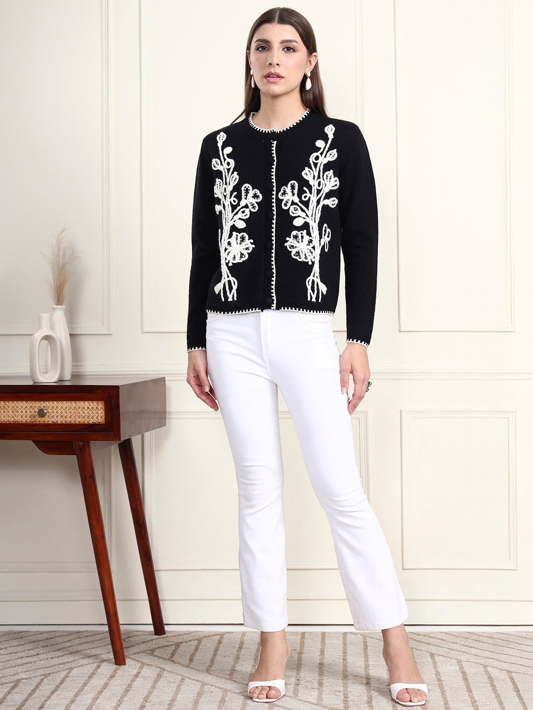 Thirty Threads Winter Wear Black Embroidered Regular Long Sleeves Cardigans