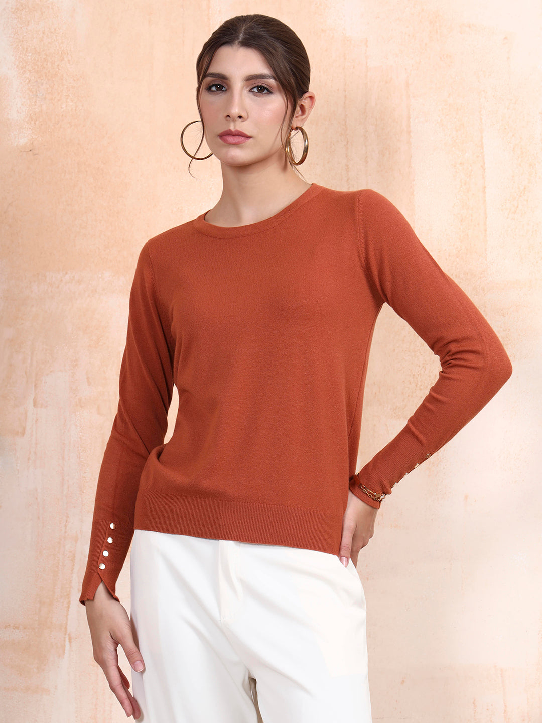Thirty Threads Winter Wear Rust Solid Regular Long Sleeves Pullover Sweater
