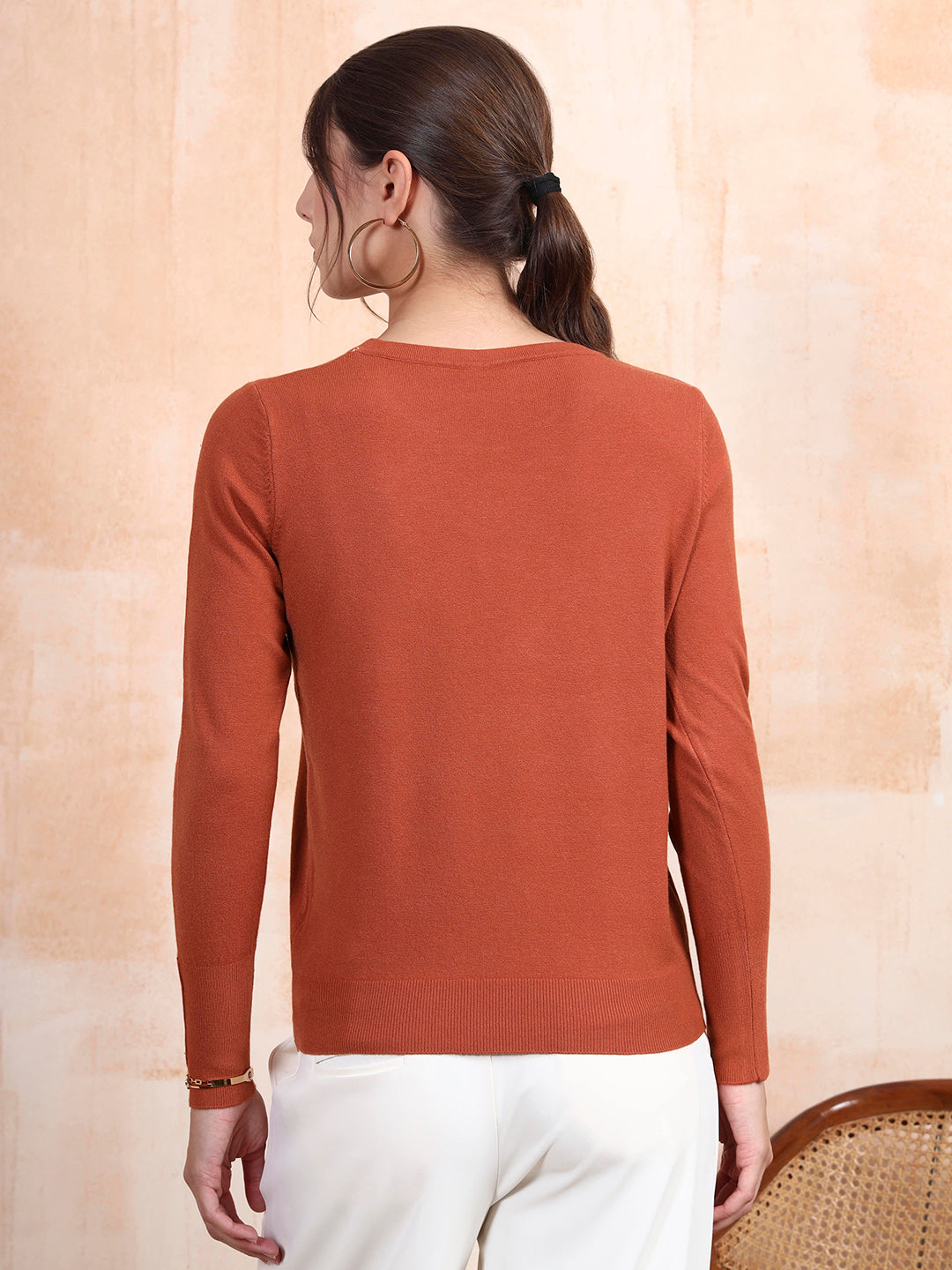Thirty Threads Winter Wear Rust Solid Regular Long Sleeves Pullover Sweater