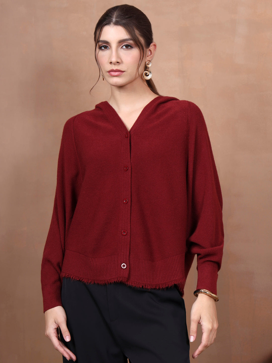 Thirty Threads Winter Wear Maroon Abstract Regular Long Sleeves Hooded Cardigan