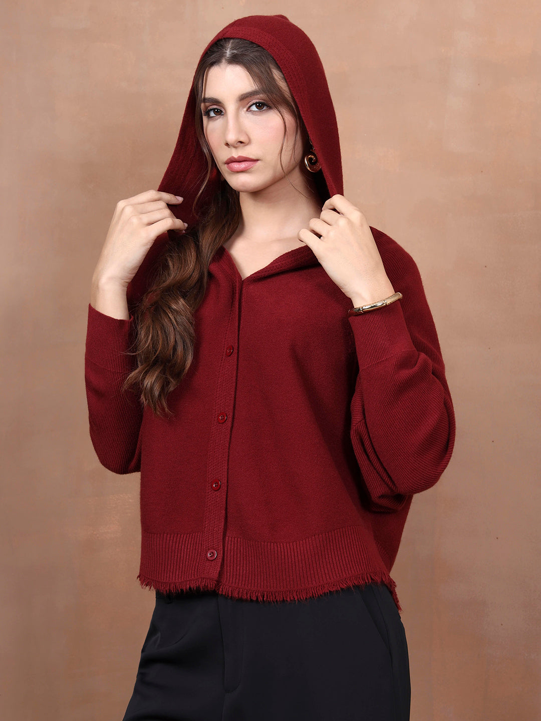 Thirty Threads Winter Wear Maroon Abstract Regular Long Sleeves Hooded Cardigan