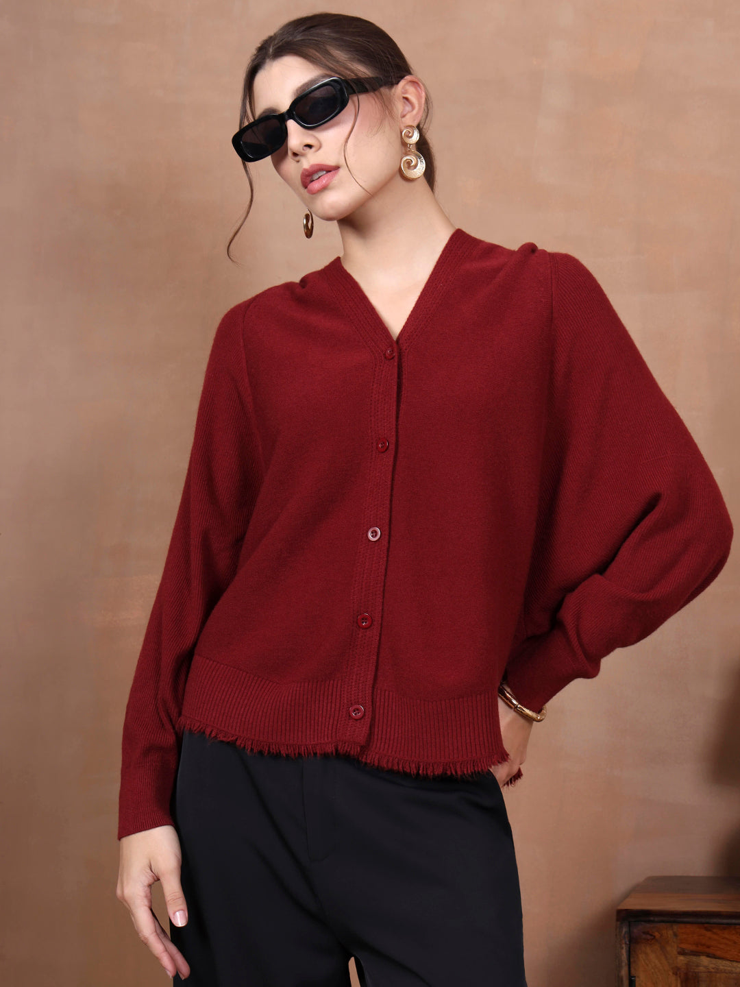 Thirty Threads Winter Wear Maroon Abstract Regular Long Sleeves Hooded Cardigan