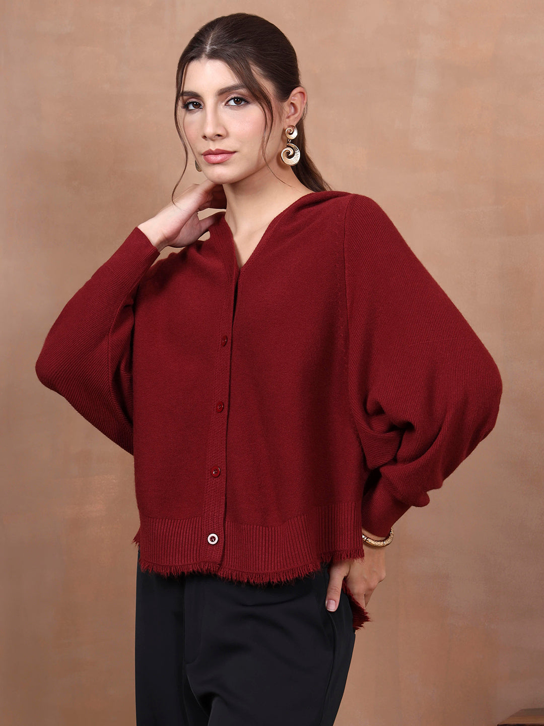 Thirty Threads Winter Wear Maroon Abstract Regular Long Sleeves Hooded Cardigan