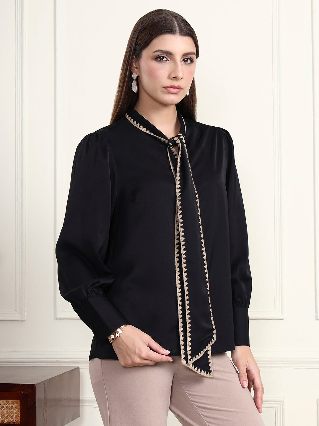Thirty Threads Women's Black Solid Regular Shirt