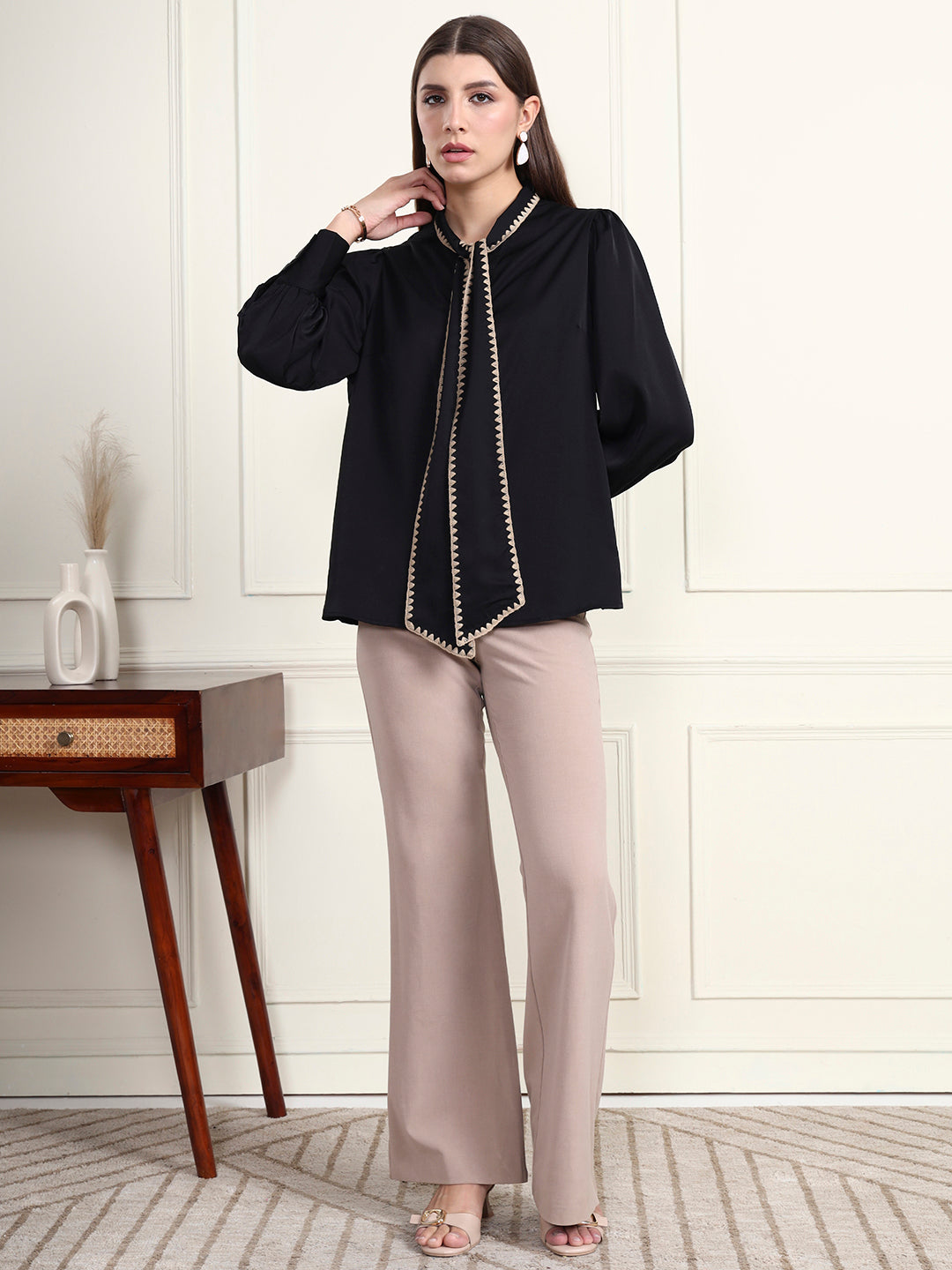 Thirty Threads Women's Black Solid Regular Shirt