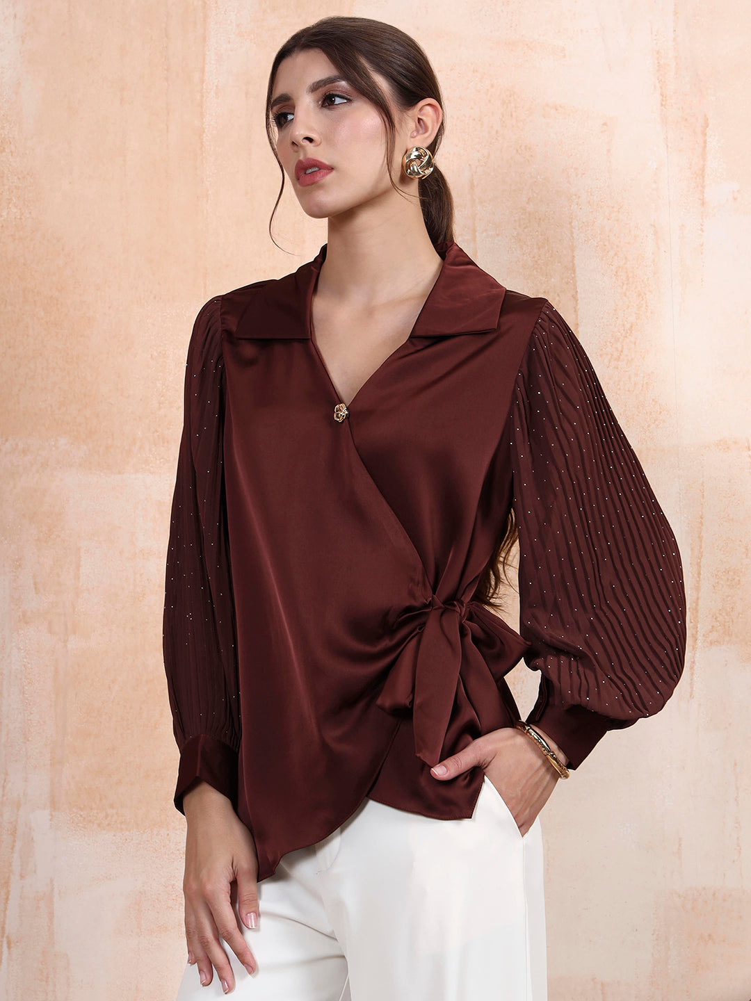 Thirty Threads Women's Coffee Brown Solid Regular Shirt