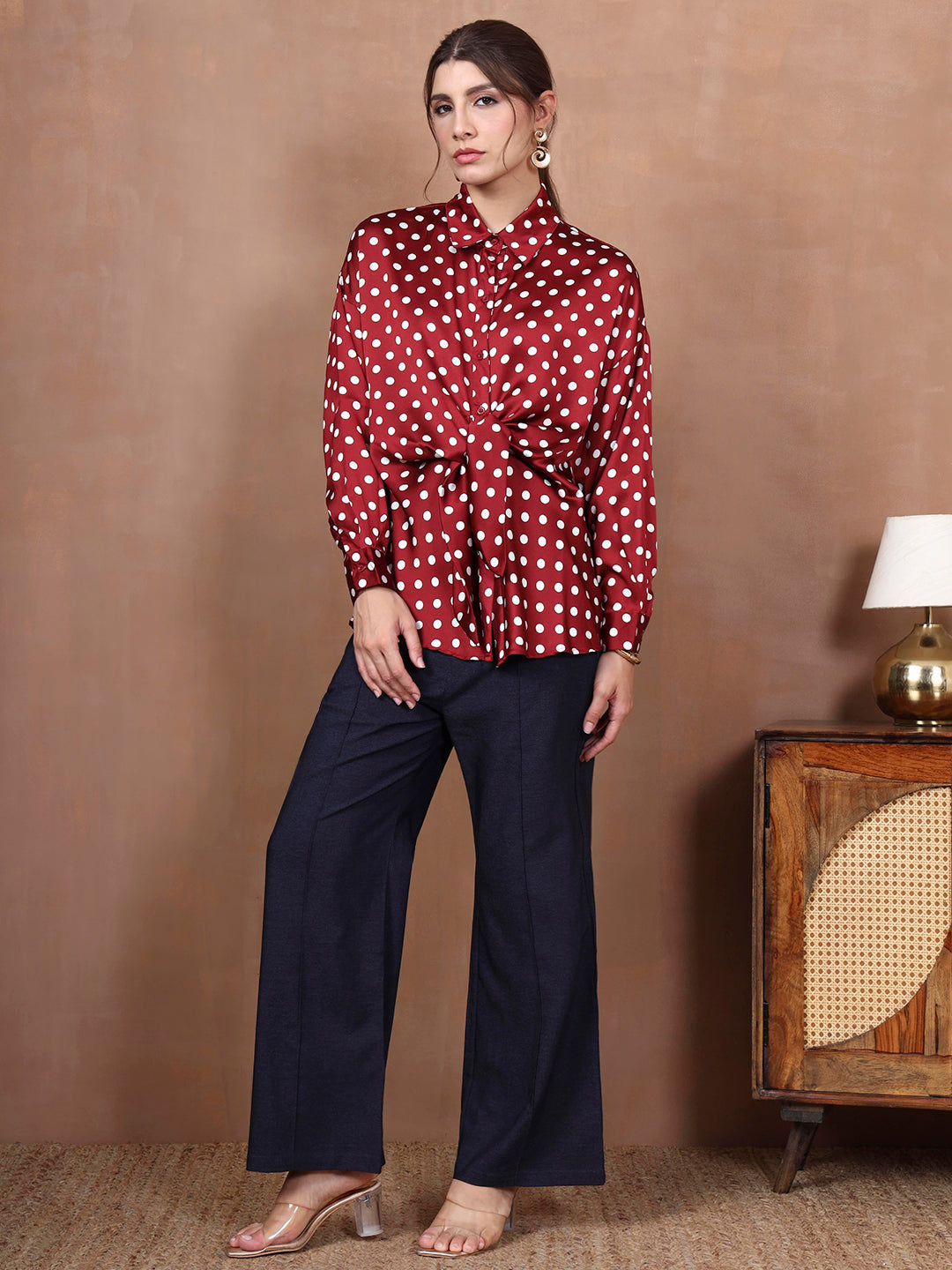Thirty Threads Women's Maroon Polka Dot Regular Shirt