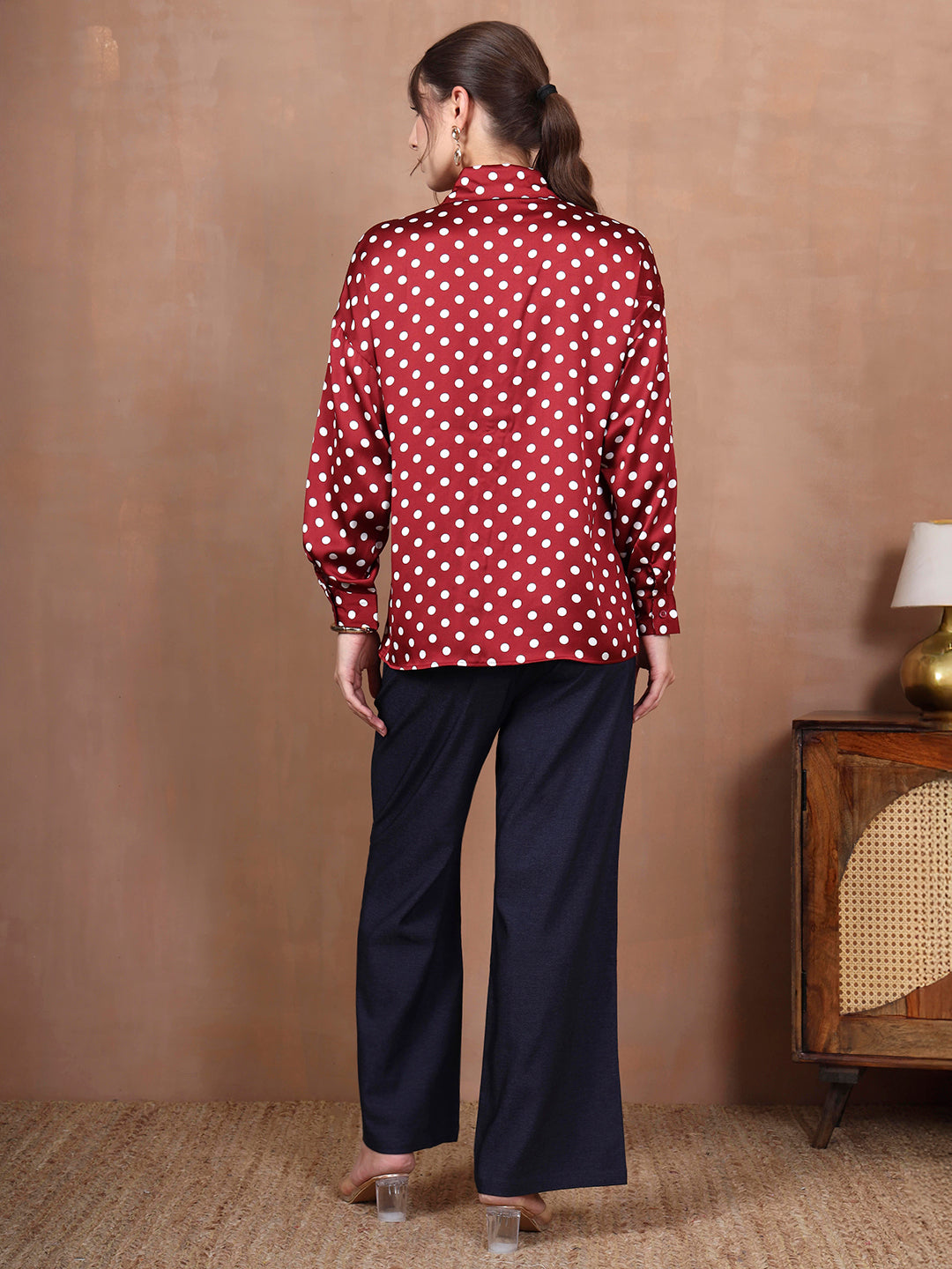 Thirty Threads Women's Maroon Polka Dot Regular Shirt