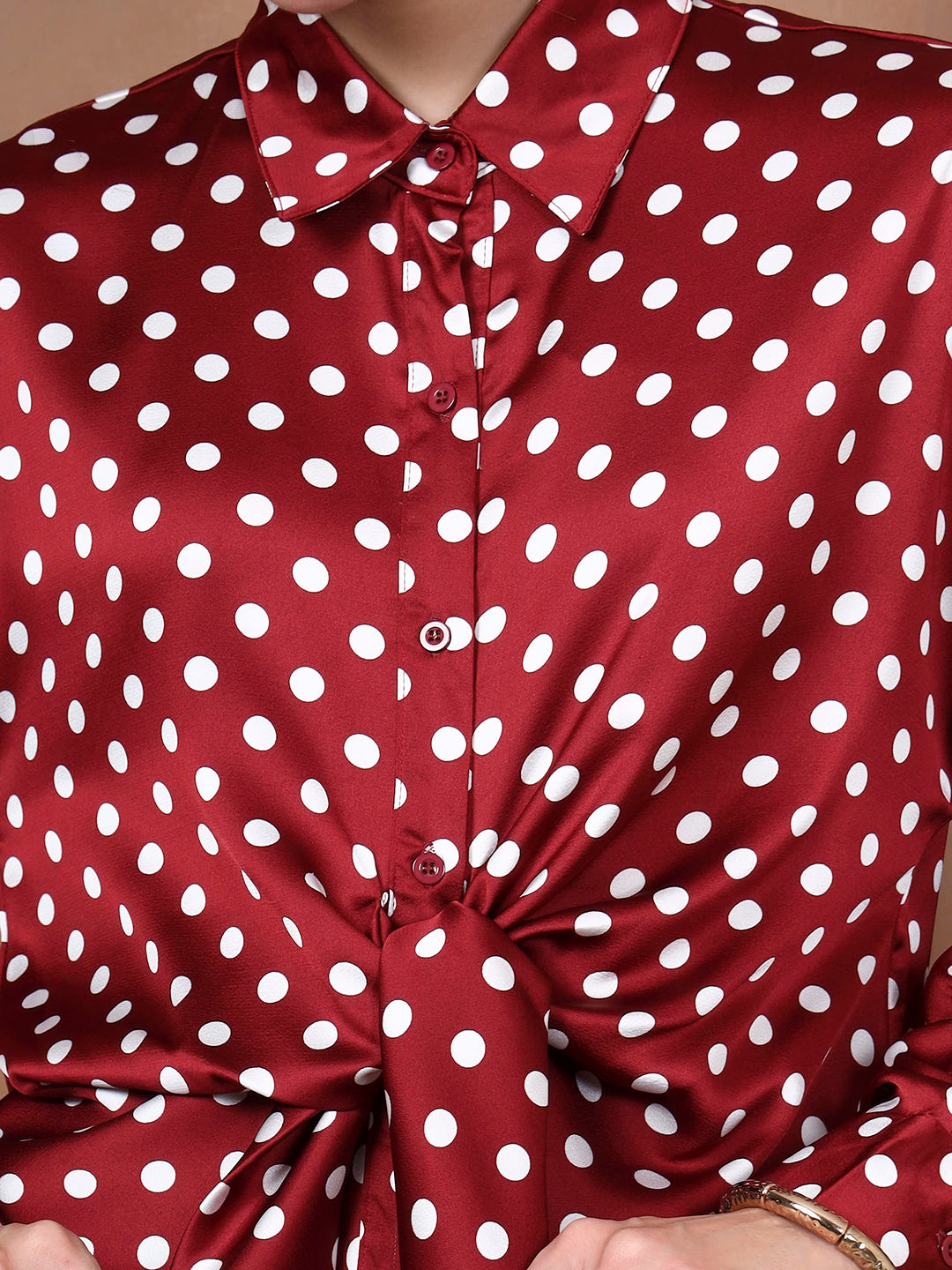 Thirty Threads Women's Maroon Polka Dot Regular Shirt
