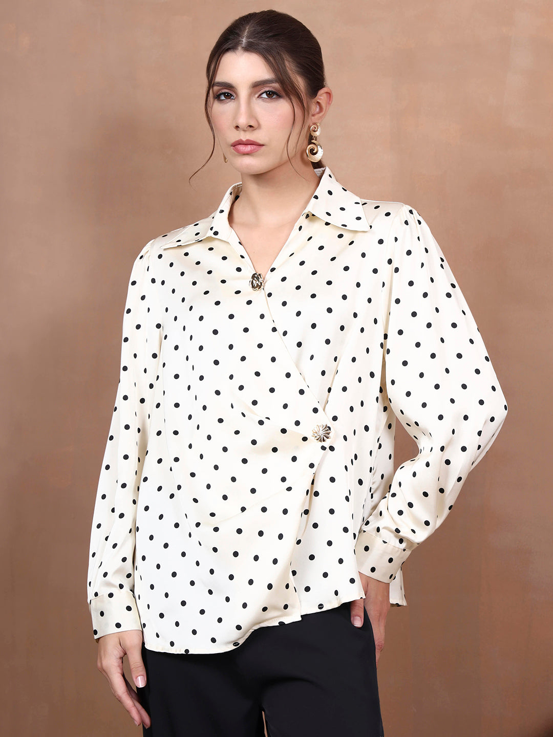 Thirty Threads Women's Off White Polka Dot Regular Shirt