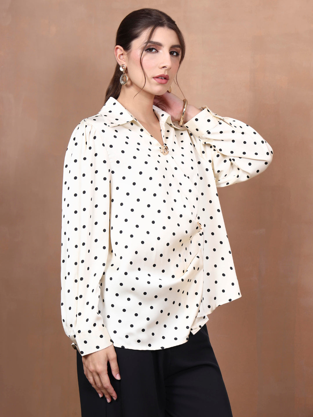 Thirty Threads Women's Off White Polka Dot Regular Shirt