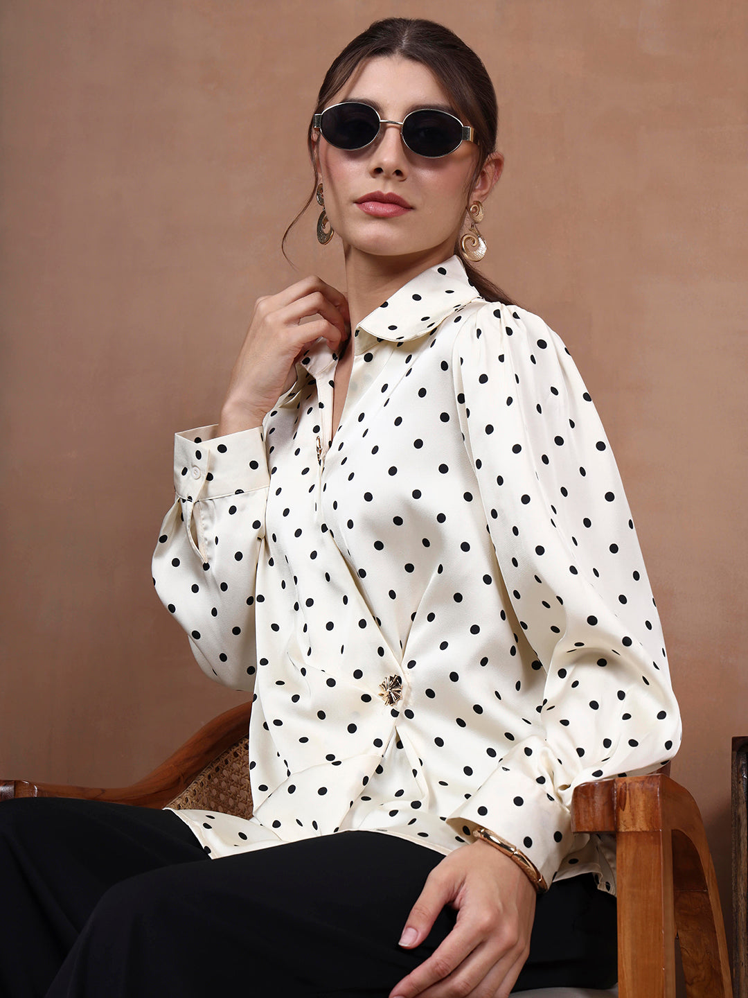 Thirty Threads Women's Off White Polka Dot Regular Shirt