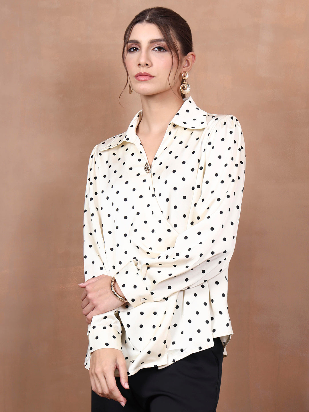 Thirty Threads Women's Off White Polka Dot Regular Shirt