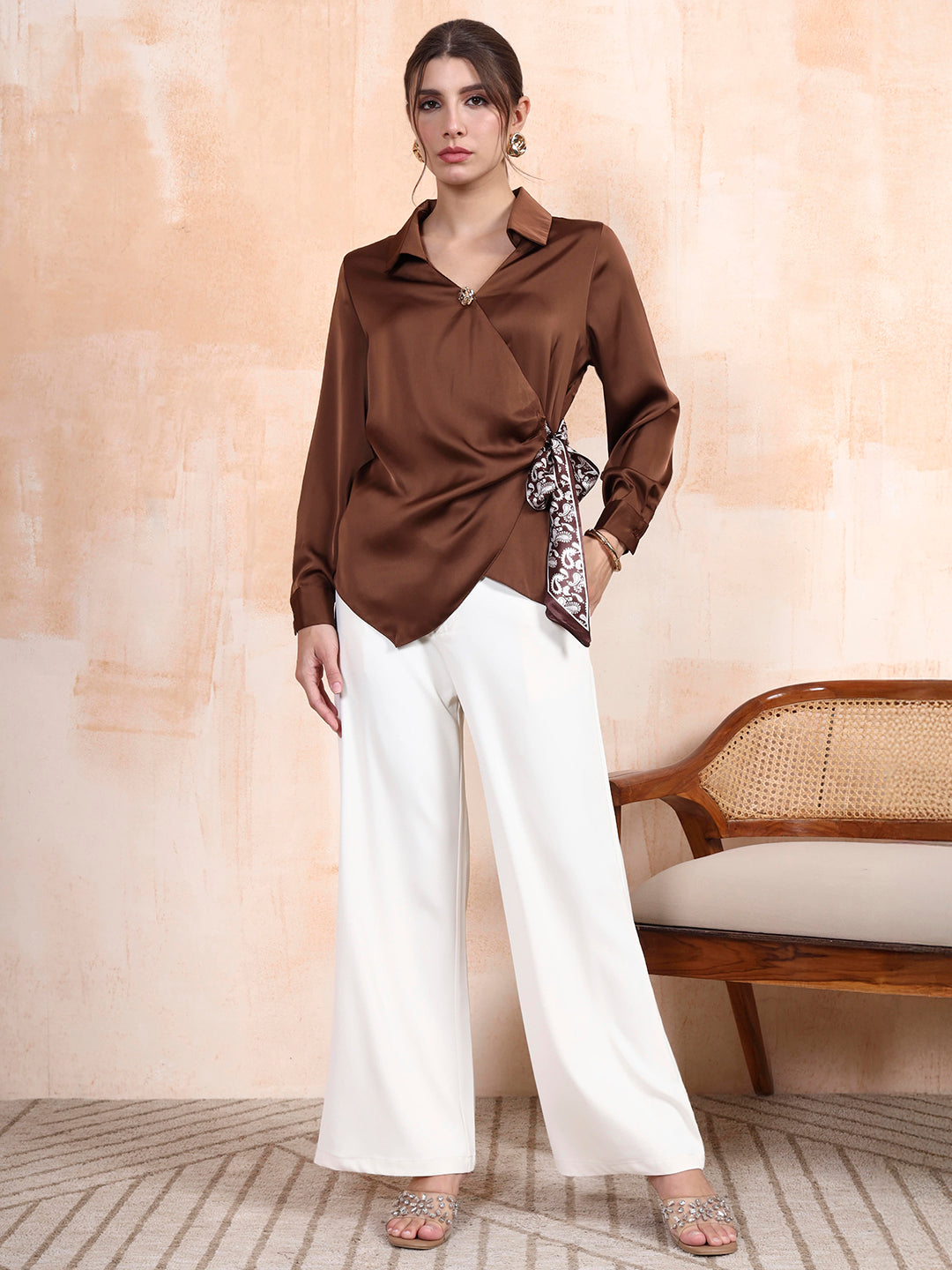 Thirty Threads Women's Brown Solid Regular Shirt